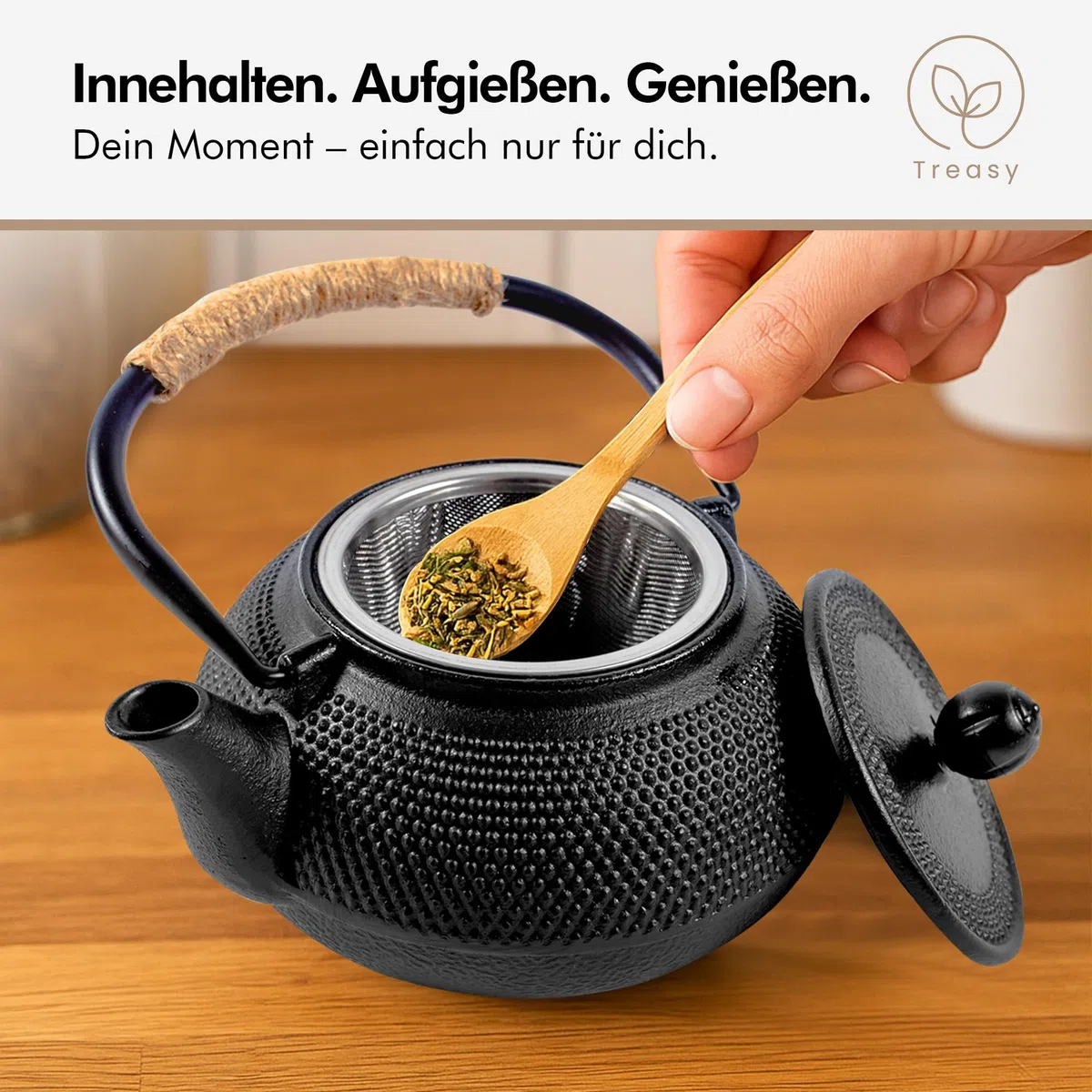 Treasy Teiera in ghisa 850 ml in stile giapponese - Teiera in ghisa con colino da tè in acciaio inox - Teiera in ferro nero per tè sfuso - Design tradizionale giapponese