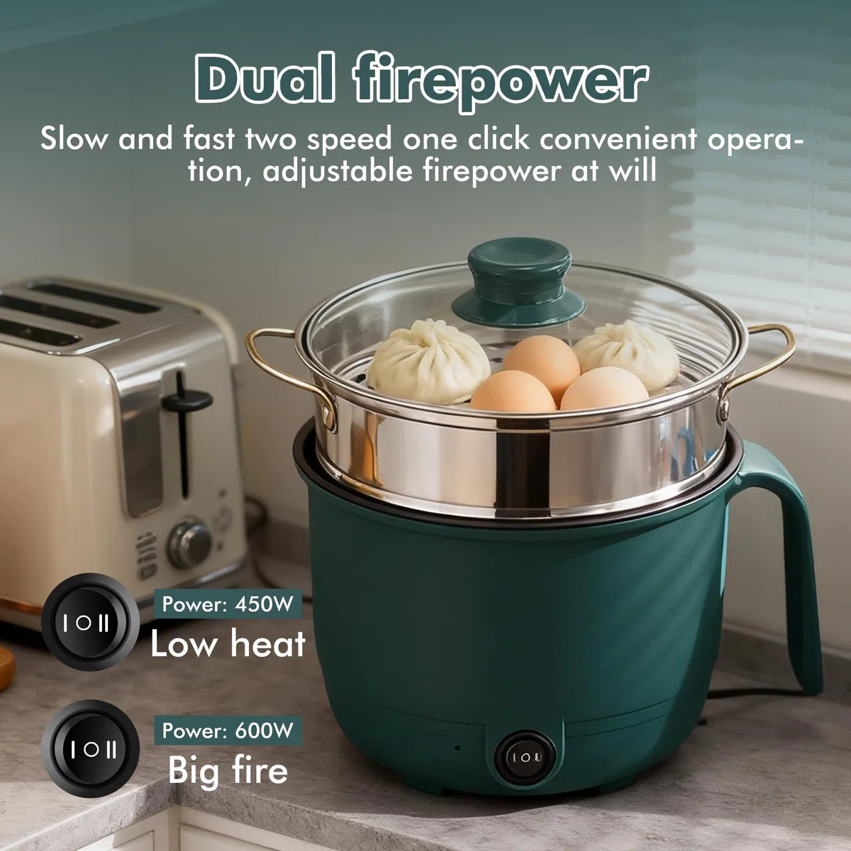 Hot Pot elettrico 1,5 l, mini forno antiaderente portatile, pentola elettrica con vapore, pentola elettrica con doppio controllo di potenza, per casa, ufficio e dormitorio (verde)