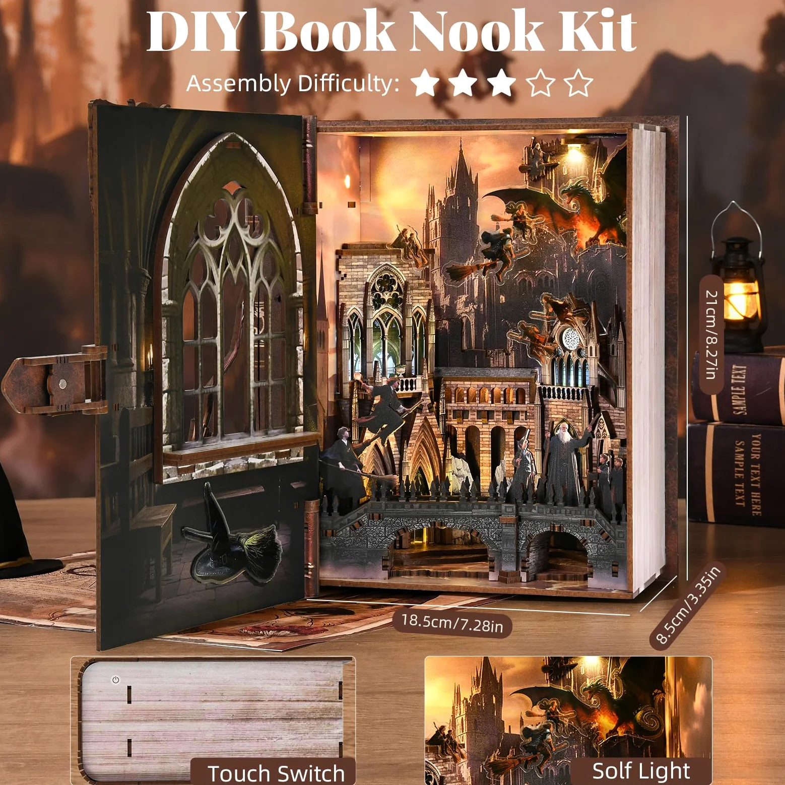 MiniCity Book Nook Kit – Puzzle in legno in miniatura con luci a LED 3D, fermalibri per libreria, decorazione regali creativi (introduzione a magical Flight)