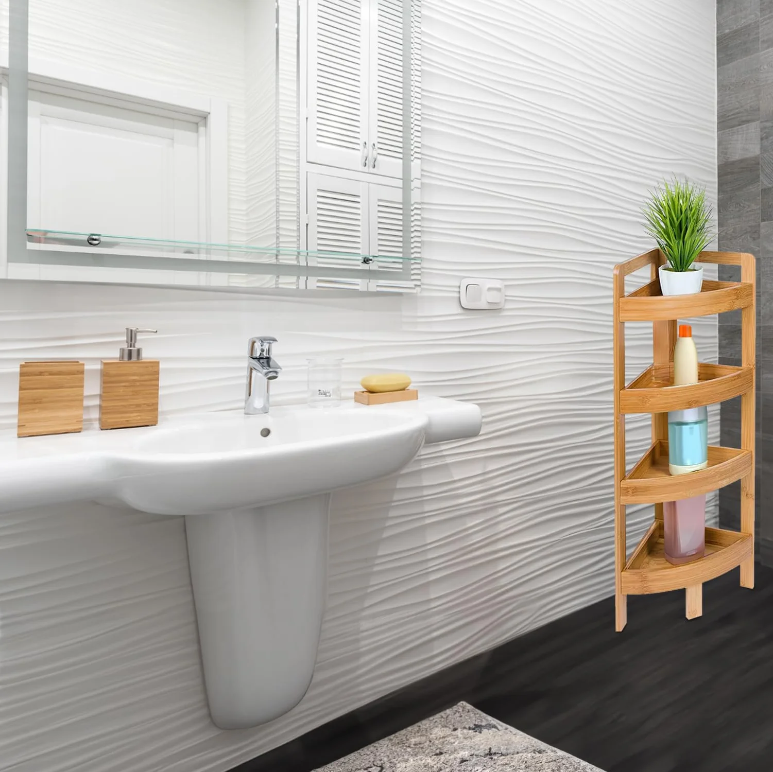 Scaffale da bagno in bambù con 4 ripiani, altezza 80 cm