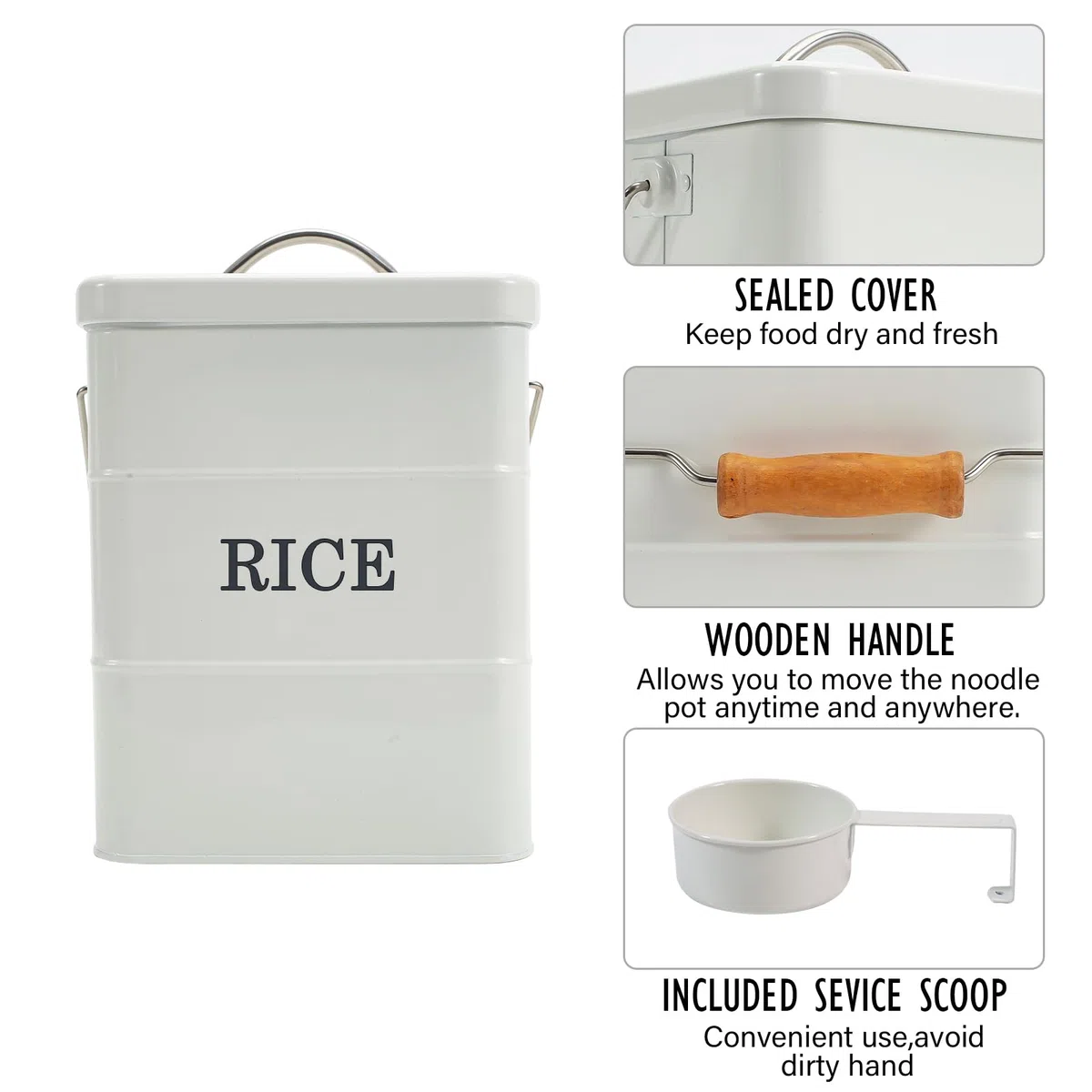 Contenitore per riso in metallo bianco, 4.5KG, con coperchio e manico, ermetico per riso, cereali, farina, contenitore per cibo secco, contenitore per animali domestici e alimenti
