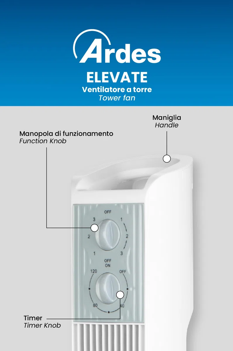 Ardes Elevate Ventilatore a Torre 45W con Oscillazione Automatica, 3 Velocità, Timer 120 Minuti, Maniglia di Trasporto e Altezza 81 cm