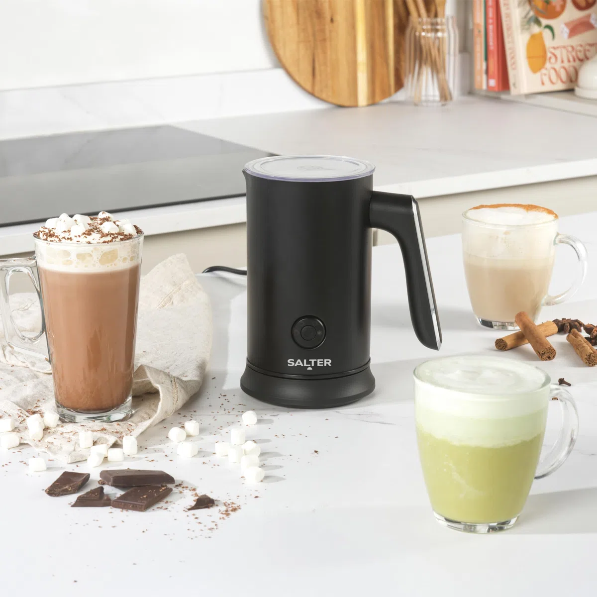 Salter Macchina per la cioccolata calda - Schiumalatte automatico 4-in-1, riscaldatore di latte caldo e freddo, 240ml/115ml, 500W, senza fili, pannello di controllo LED, per caffè, latte ghiacciato