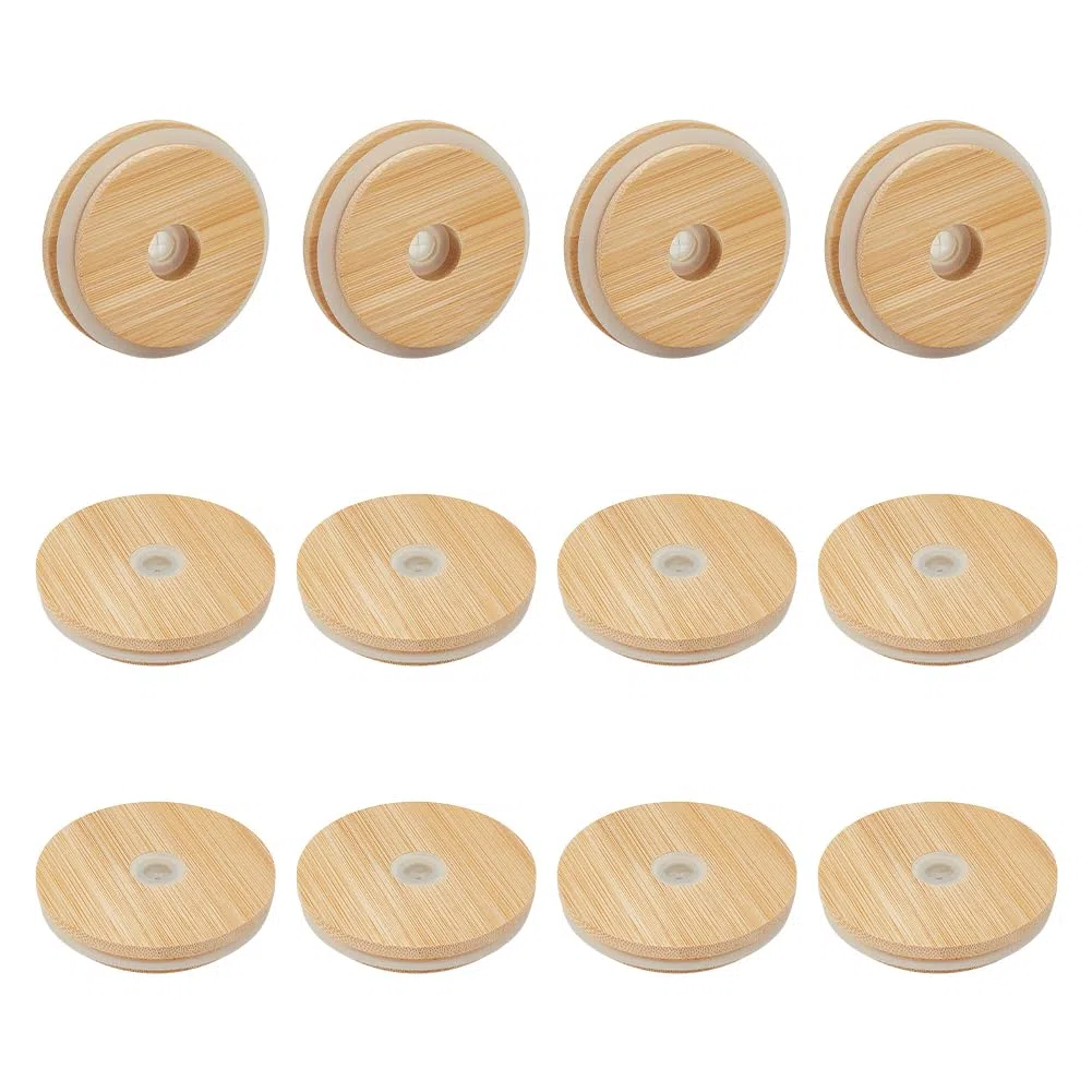 OLYCRAFT 12pz Coperchio In Legno per Barattoli di Vetro 70mm Coperchi per Barattoli di Vetro In Legno con Foro per Cannuccia con Silicone Anti-Perdite per Bicchieri Da Birra A Bocca Normale