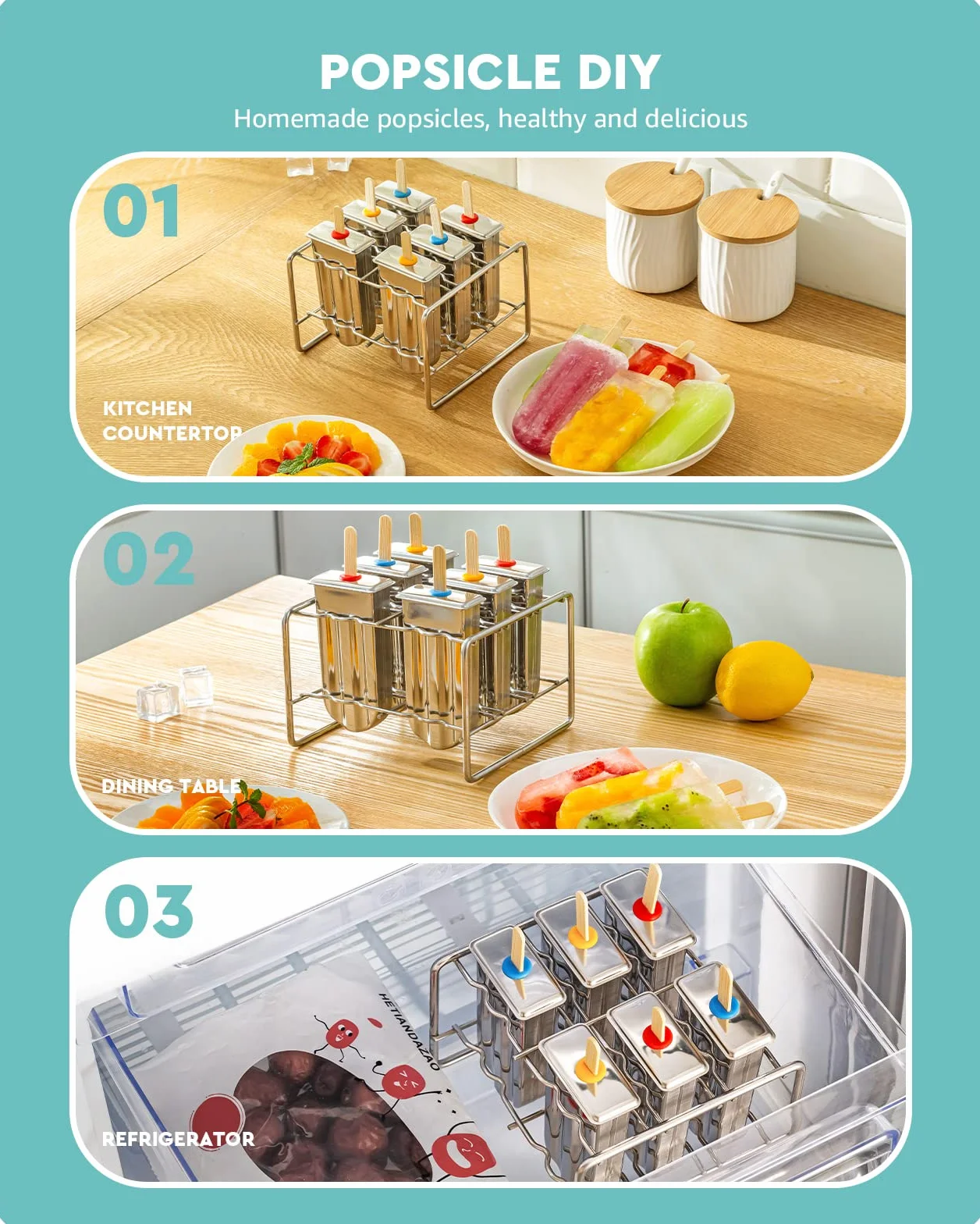 Baffect acciaio inossidabile Popsicle stampo con Stick Holder gelato Mold set di 6