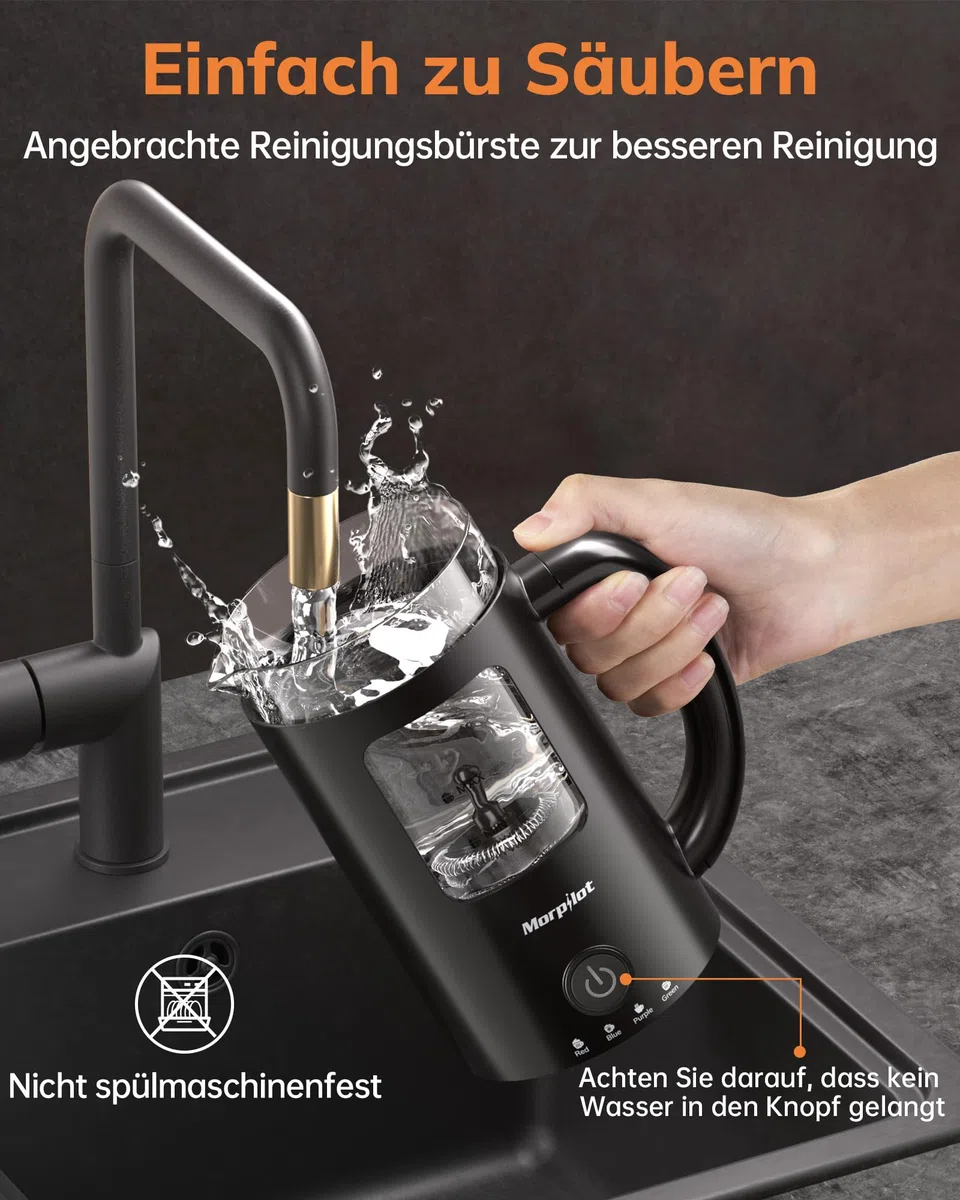 Morpilot Montalatte elettrico, 4 in 1, per acqua calda e fredda, 550 W, 600 ml, design latte, vetro visivo, facile da pulire, nero