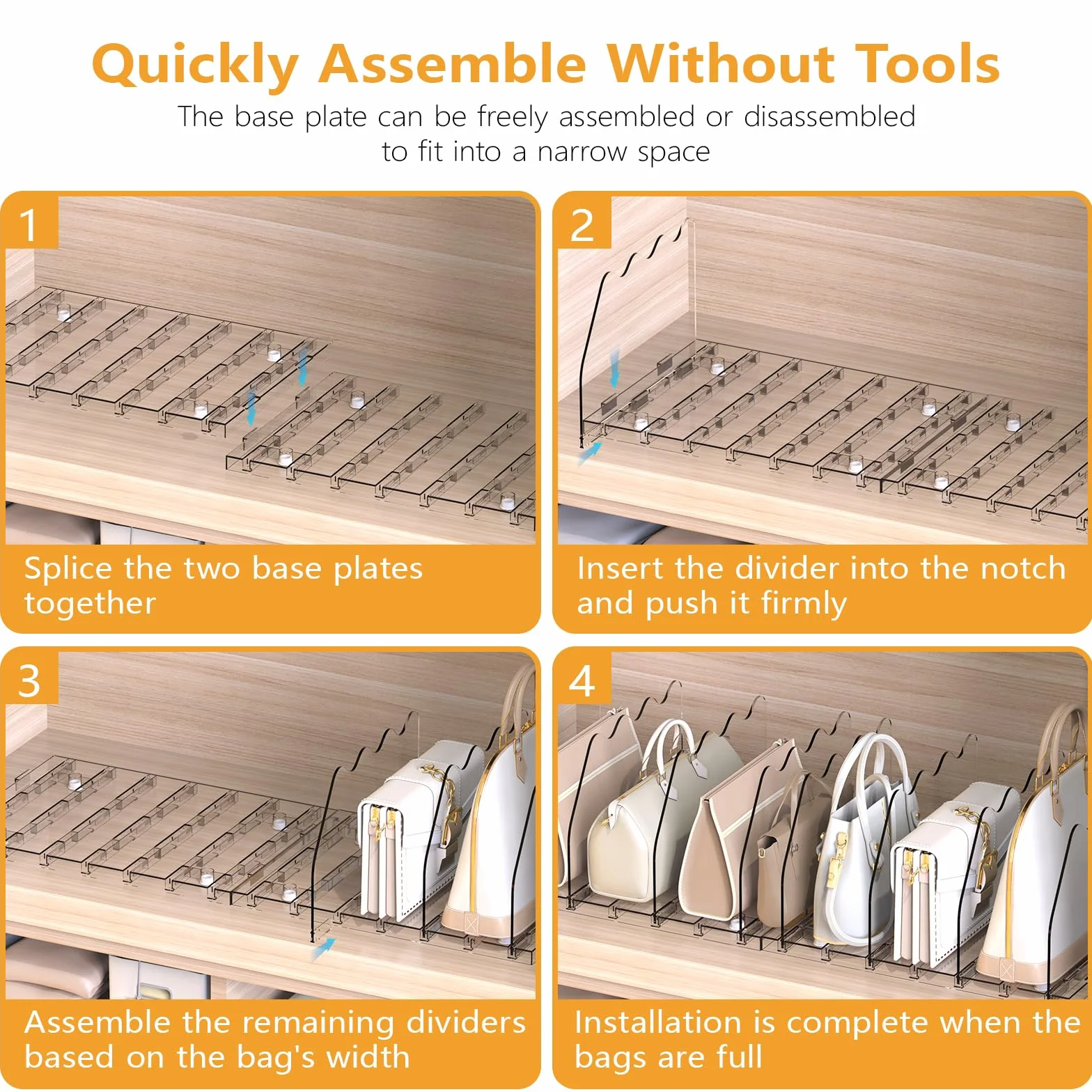 Ronlap Divisori per mensole, organizer per borse, organizer per armadio, organizer regolabile per vestiti, organizer per borse, per cucina, armadio, bagno, 8 pezzi, trasparente