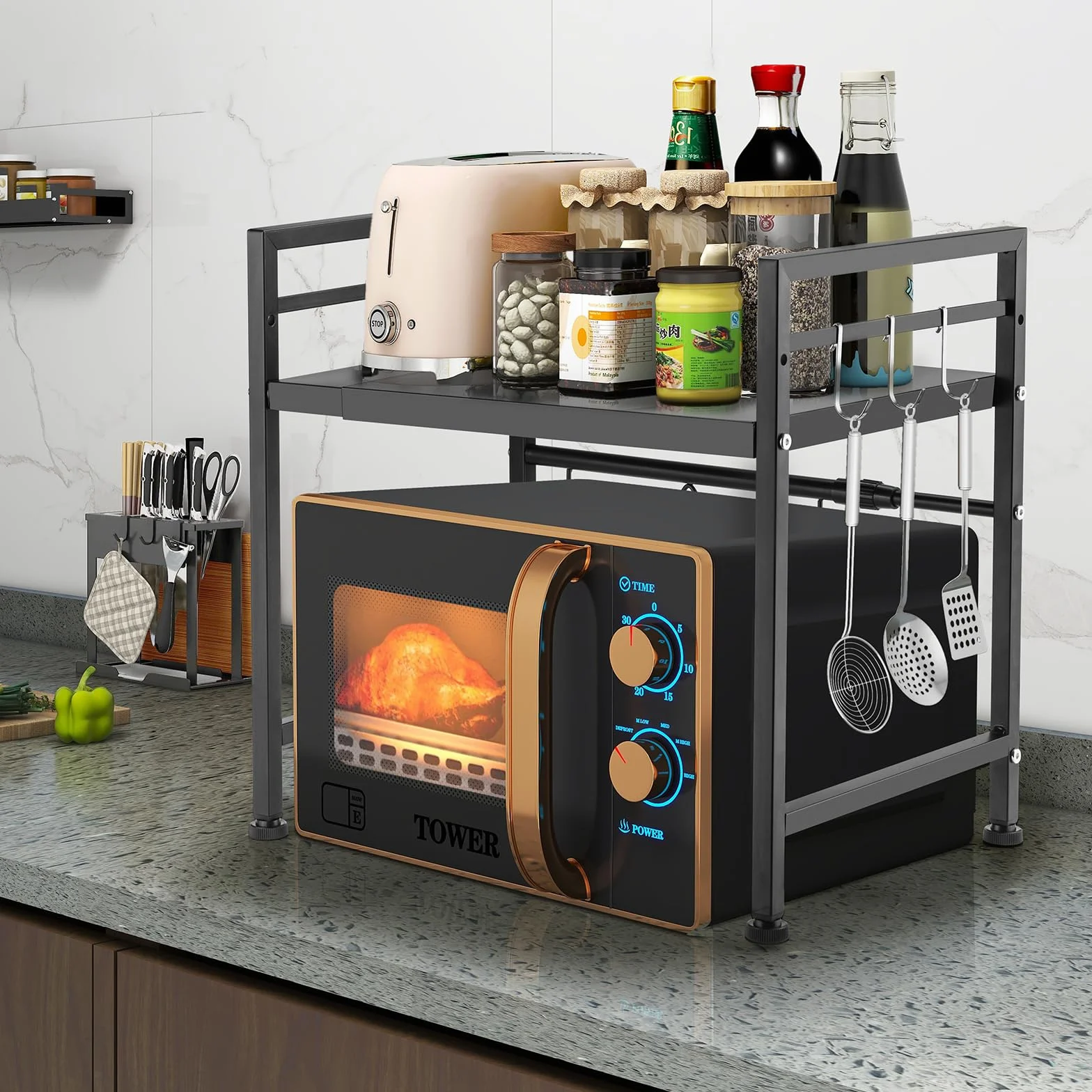 YunNasi Mensola per Microonde Supporto Estensibile per Forno a Microonde con 10 Ganci Scaffale da Cucina in Acciaio Carbonio Organizzatore di Stoccaggio da Cucina per Pentole e Padelle (Bianco 1)
