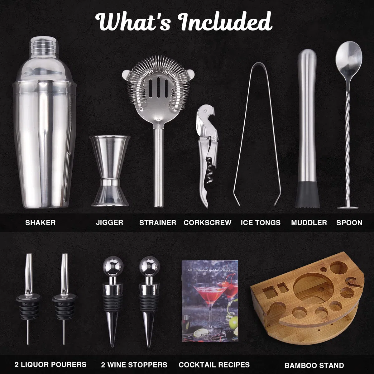 Set Cocktail Shaker con Supporto, Kit Barman Professionale da 750 ml da 12 Pezzi per Mescolare Bevande, Regali per Uomini, Papà, Donne, Amanti dei Cocktail, Set da Barista per Feste da Bar a Casa
