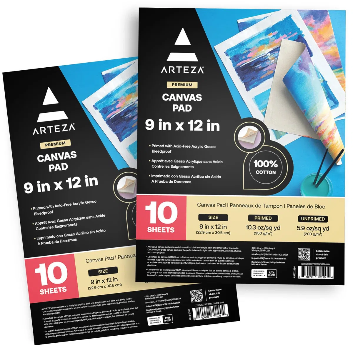 ARTEZA Album con Fogli in Tela per Dipingere 22,9x30,5 centimetri, Set di 2, 100% Cotone, Preparati con Gesso Privo di Acidi e Rilegati a Colla