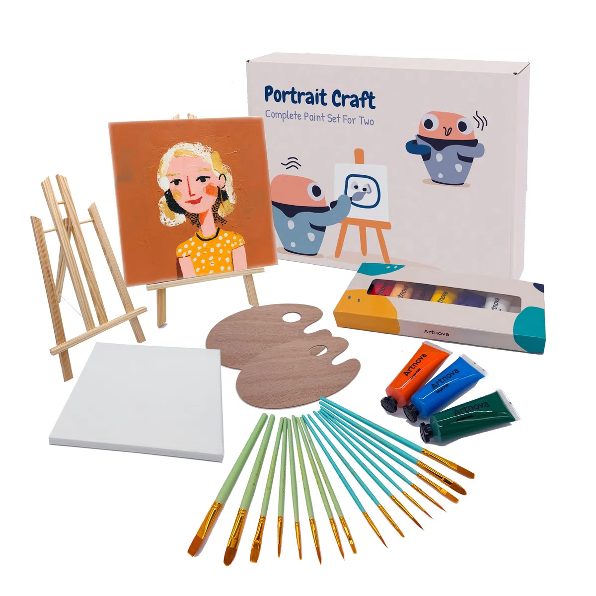 Artnova Set da pittura per 2 persone: set fai da te con 2 tele, cavalletti, pennelli, tavolozze, colori acrilici e istruzioni, ideale per ritratti, regalo creativo per partner, amici o principianti