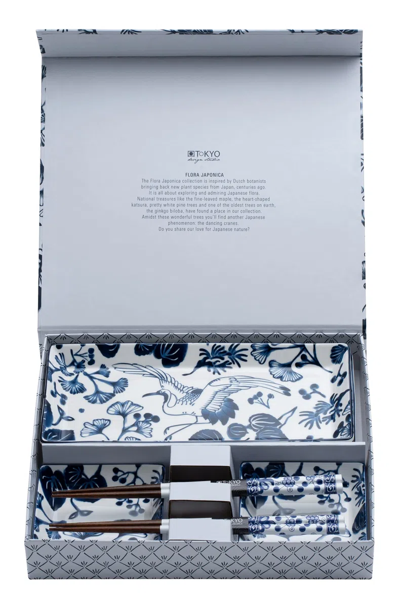 Tokyo design studio Flora Japonica - Set per sushi, 6 pezzi, 2 piatti per sushi, 2 ciotole per salsa, 2 paia di bacchette, porcellana asiatica, design giapponese, con confezione regalo