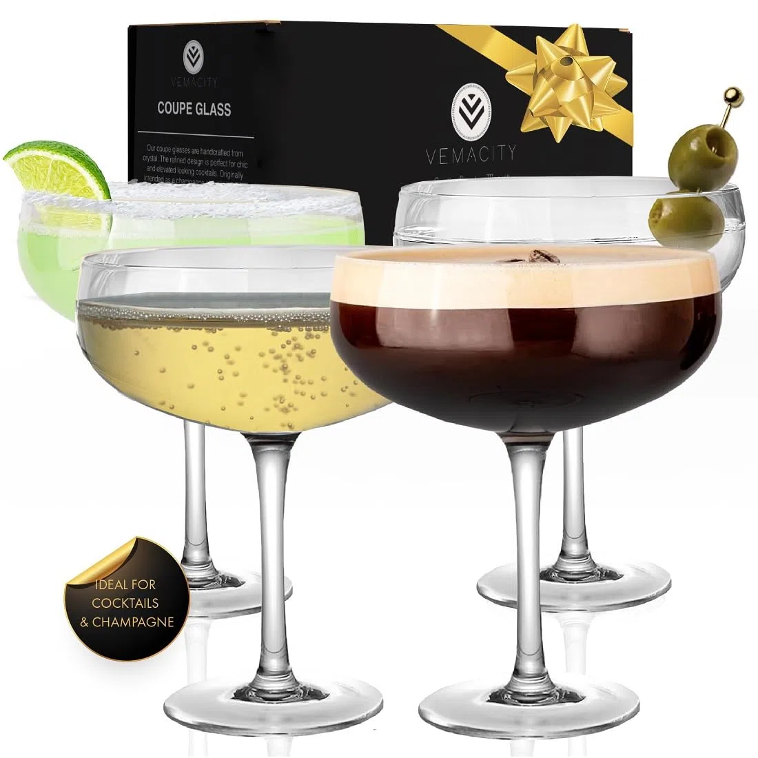 VEMACITY Set di 4 Eleganti Bicchieri Cocktail Coupe Fatti a Mano | Bicchieri da Bar di Qualità | Set Bicchiere Champagne d'Epoca | Ideali per Martini Espresso | Ideale per Fare un Regalo