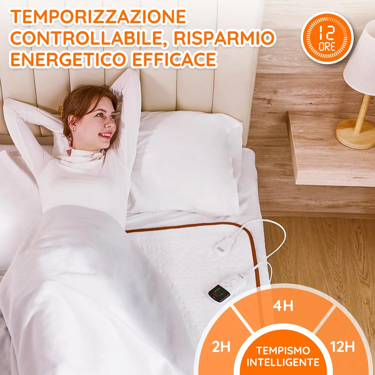 Mia&Coco Coperta termica con spegnimento automatico, 150 x 80 cm, con timer 12 ore e 3 livelli di calore, indicatore LED, protezione da surriscaldamento, coperta termica per materassi frequenti