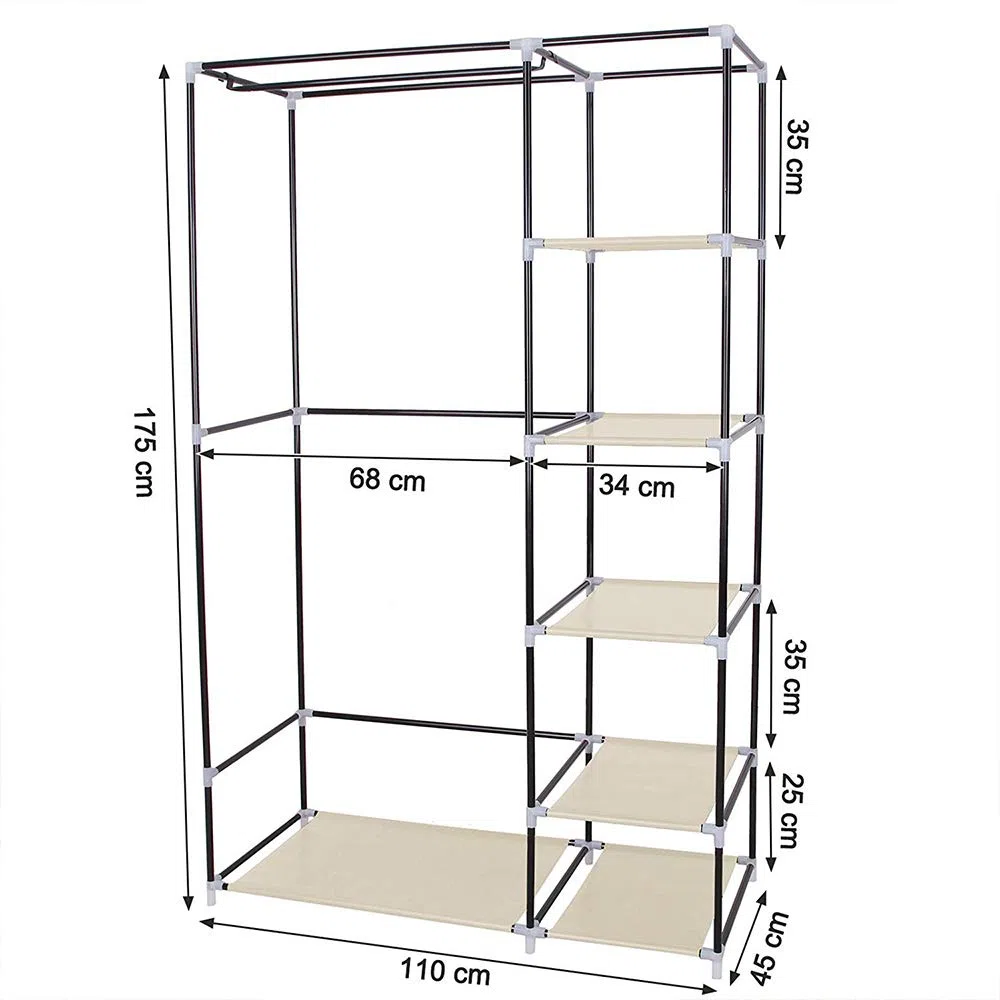 Armadio in Tessuto, Guardaroba, Appendiabiti, Ripiani Portaoggetti,con Asta per Abiti con Copertura, Capiente, per Borse, Giocattoli, Scarpe, Soggiorno, Camera da Letto, 110*45*175 cm (beige)