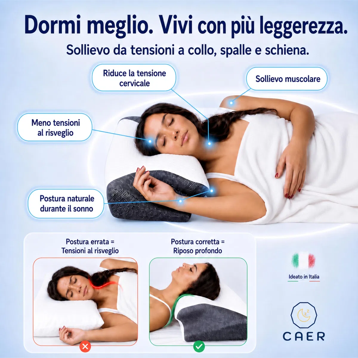 CAER Cuscino Cervicale per Dormire su Fianco e Schiena – Memory Foam Ortopedico, Misure 60x36 cm con Doppia Altezza, Supporto per Collo e Spalle, Federa Lavabile