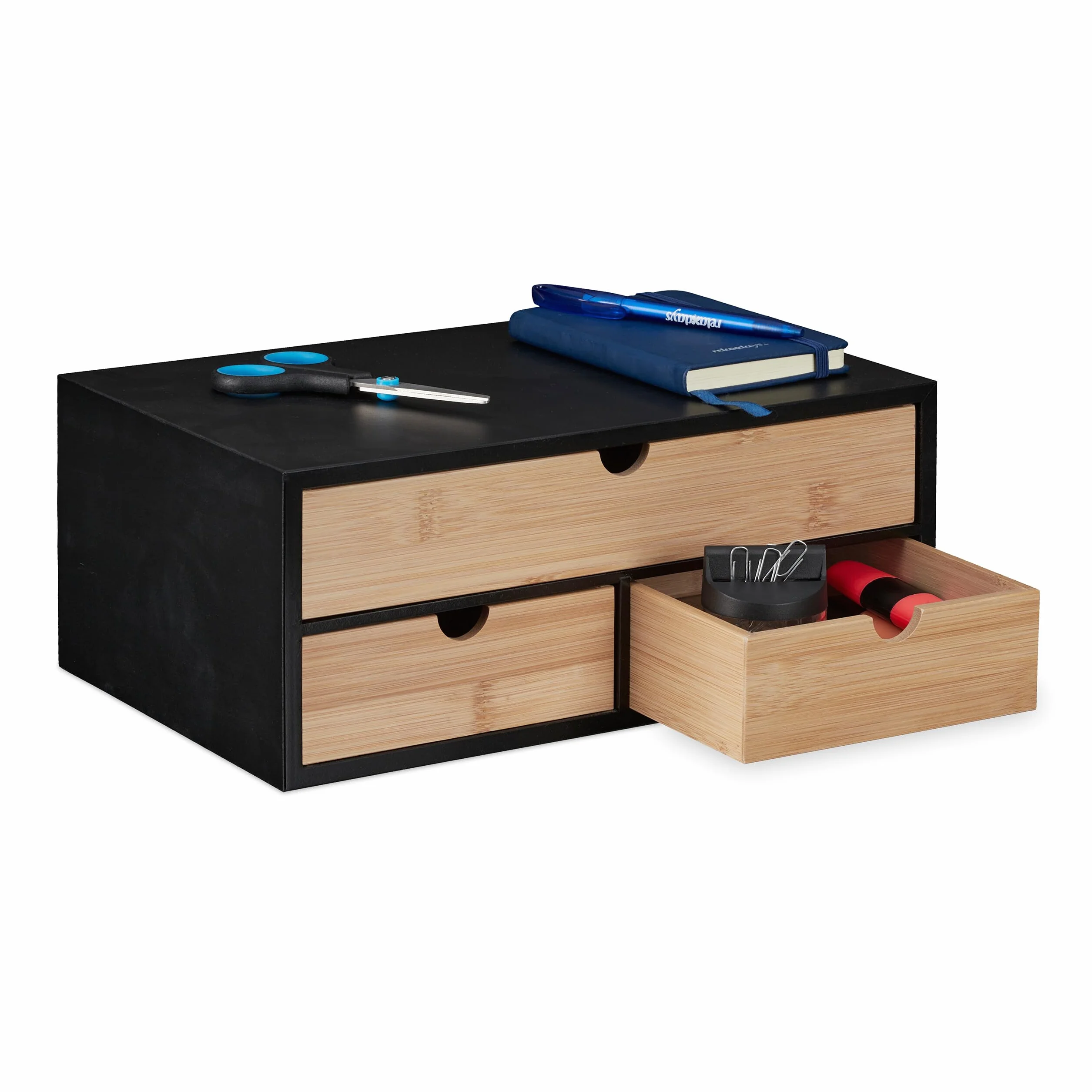 Relaxdays Organizer da Scrivania con 3 Cassetti in bambù e MDF, Cassettiera da Ufficio, HLP 13,5x33x21 cm, Naturale Nero