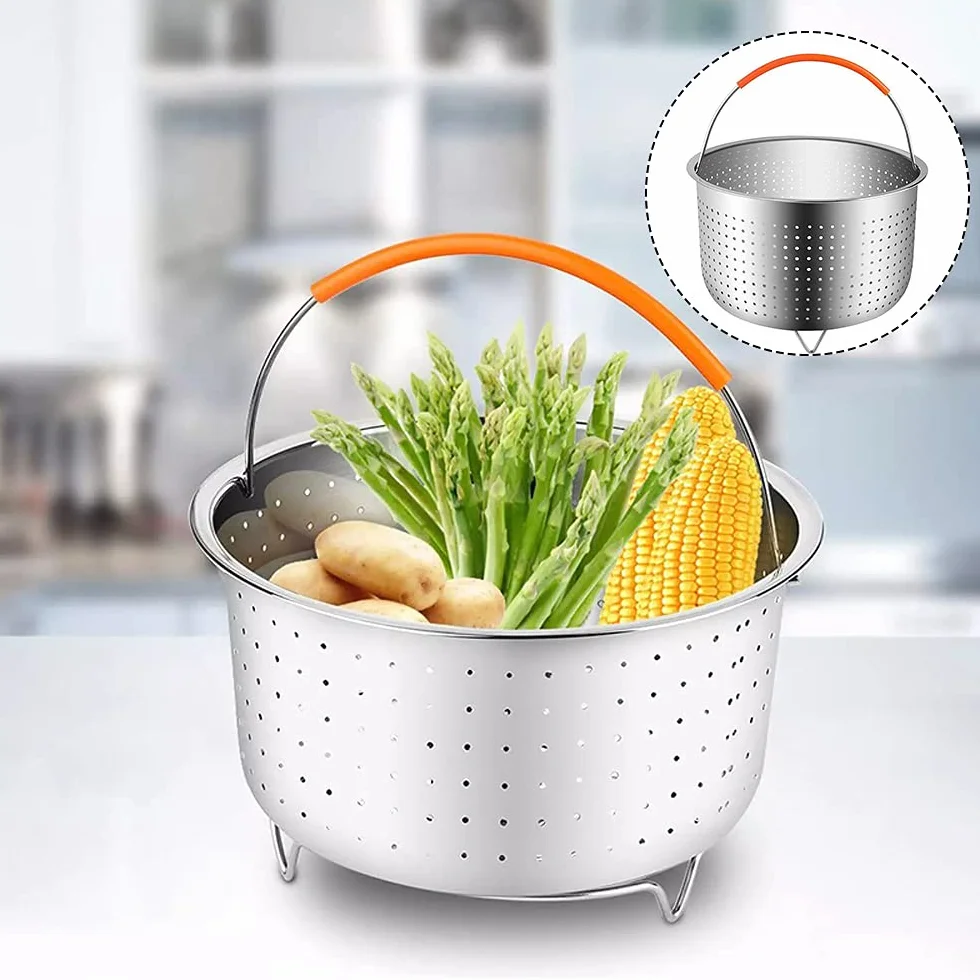 Cestello per Cottura, Cestello Verdura, Multifunzione a Vapore Cesto, Cestello Vapore Inox con Manico in Silicone, Fits Most a Pressione Pot, Verdure a Vapore, Uova(6QT)