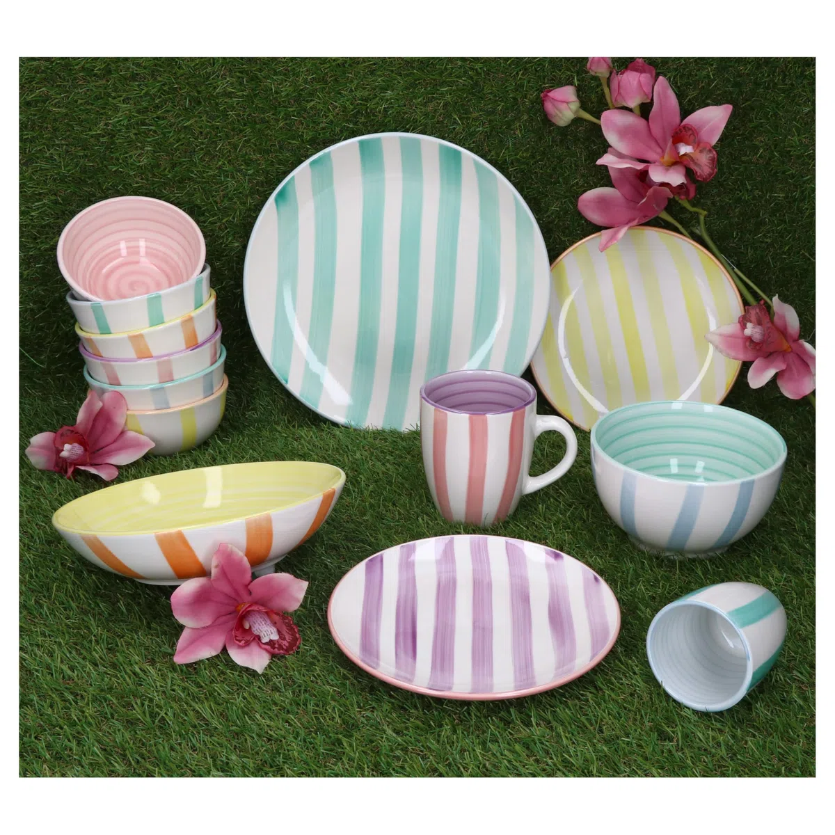 MamboCat Beach Pastello Stripes - Set di 6 ciotole per snack e dip, 12 cm, 220 ml, in gres porcellanato con strisce pastello per 6 persone, mini ciotole per salse, frutta, mini insalata, noci e così