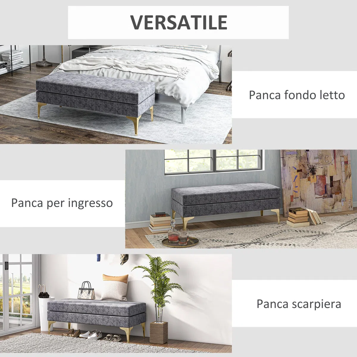 HOMCOM Panca Fondo Letto a 2 Strati, Panca Camera da Letto in Tessuto Effetto Velluto e Acciaio, 121x50.5x46.5 cm, Grigio Scuro e Oro
