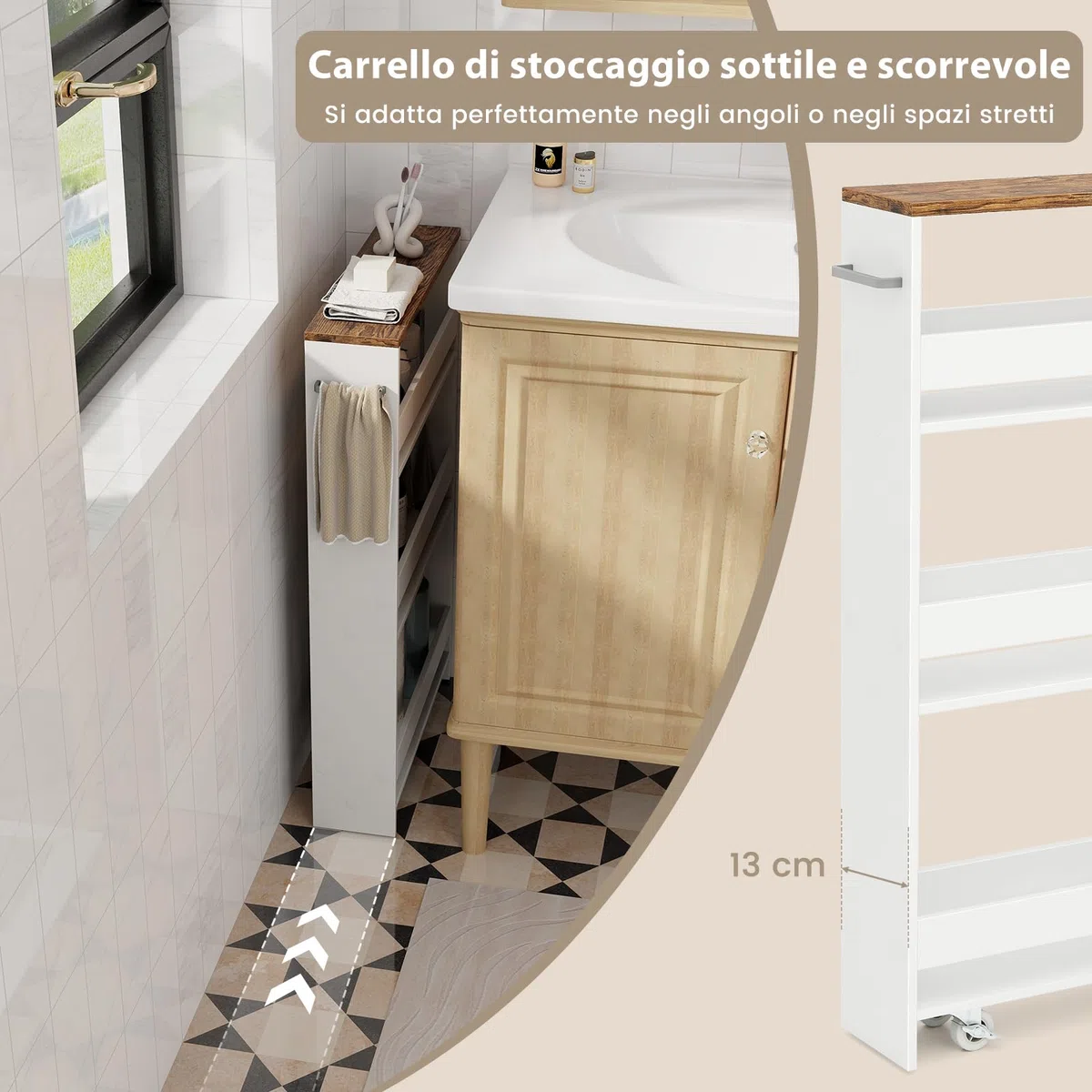COSTWAY Carrello Portaoggetti a 4 Ripiani, Carrello da Cucina con Maniglia Laterale e Ruote, Carrellino Scorrevole Salvaspazio Slim e Sottile (Marrone+Bianco, 13 cm)