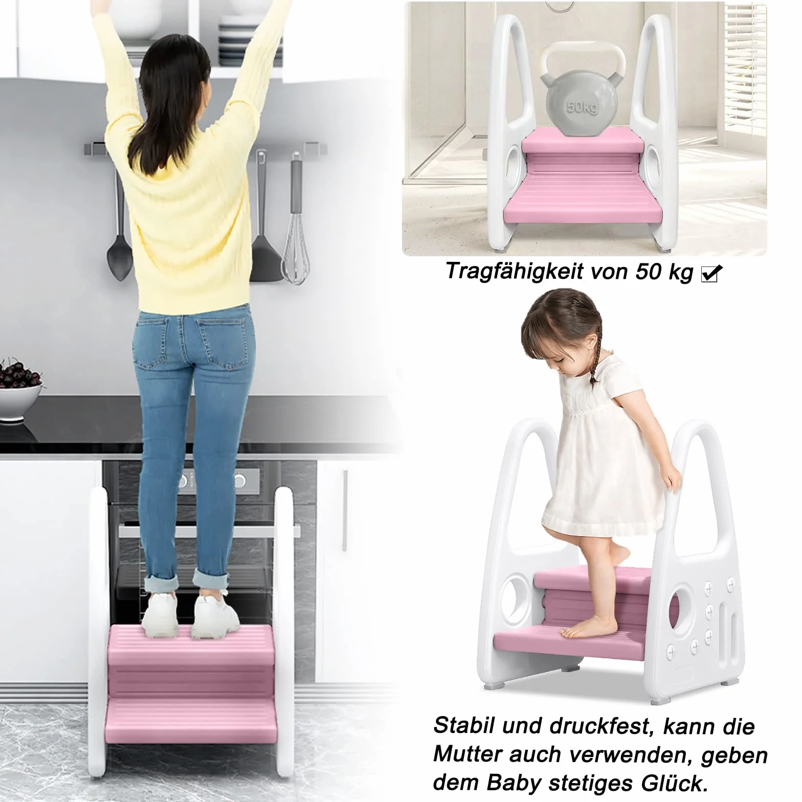 UISEBRT Sgabello a 2 Gradini per Bambinim, Scaletta Alzabimbo Antiscivolo, per la Cameretta dei Bambini il Bagno, la Camera da Letto, la Cucina (Rosa)
