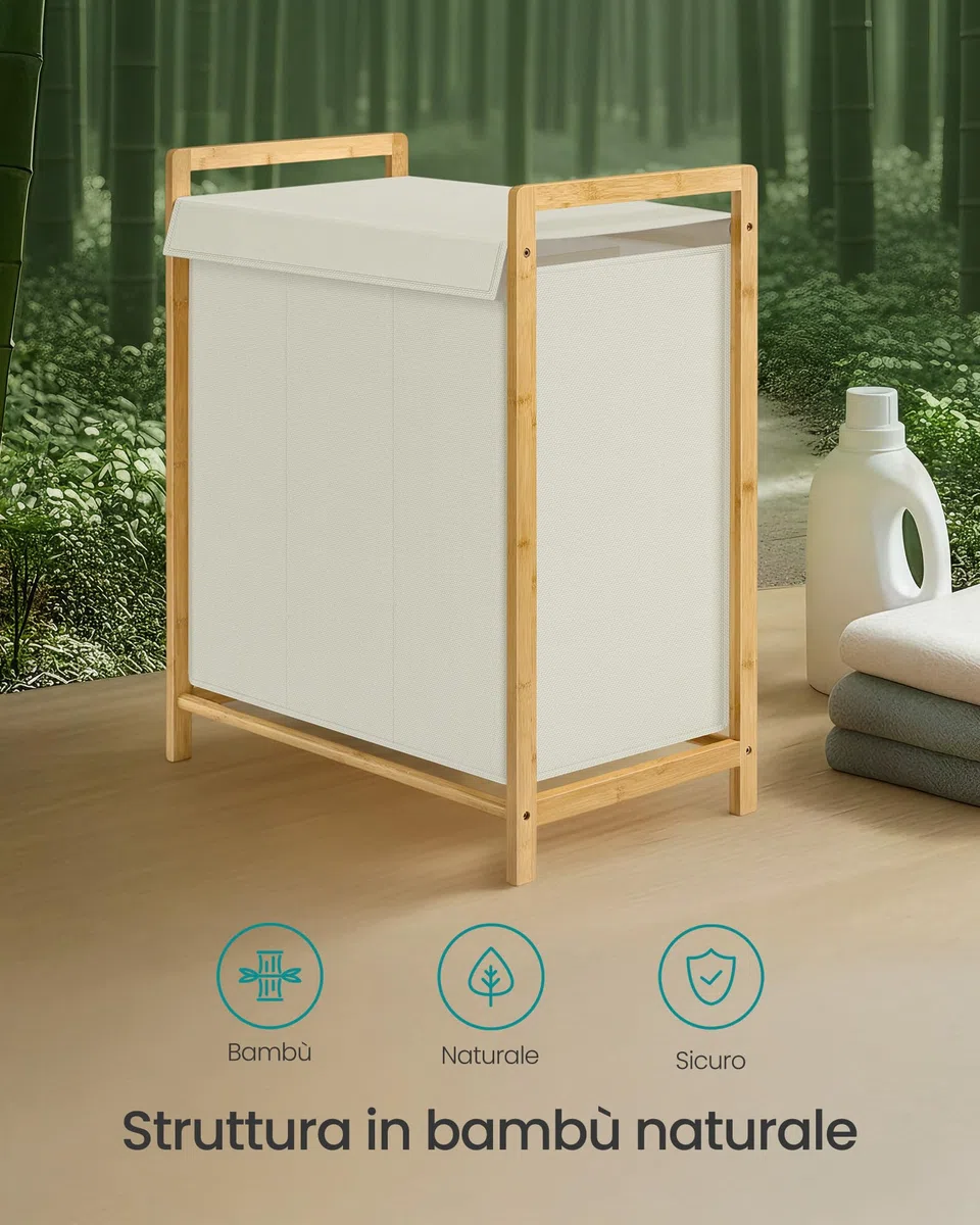 SONGMICS Cesto Portabiancheria 3 Scomparti, Cesta Porta Biancheria Sporca, Struttura in Bambù, Coperchio Rinforzato e Rimovibile, Sacco Rimovibile, 150 L, Bianco Crema RLH103WD01