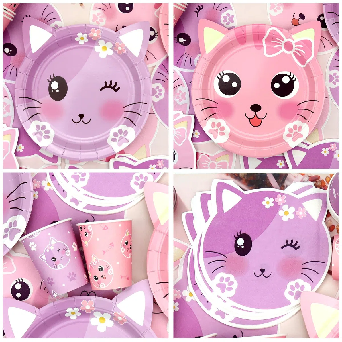 Set di accessori per la festa di compleanno del gatto, striscione di buon compleanno, piatti, tovaglia, tazze, palloncini, cannucce per le decorazioni della festa del gatto per bambini, per 20 ospiti