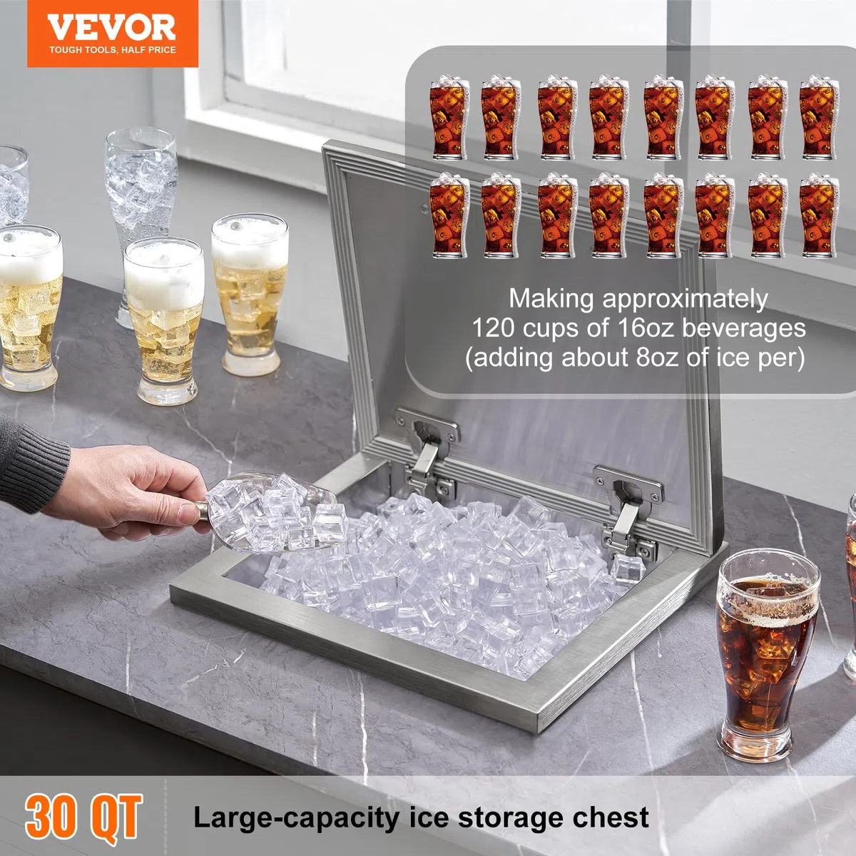 VEVOR Contenitore per Ghiaccio da Incasso 28,52 L 355x305x461 mm, Contenitore per Ghiaccio Coibentato in Acciaio Inox, con Coperchio incernierato, Tubo Flessibile, per Bevande Birre Fredde, Cottura