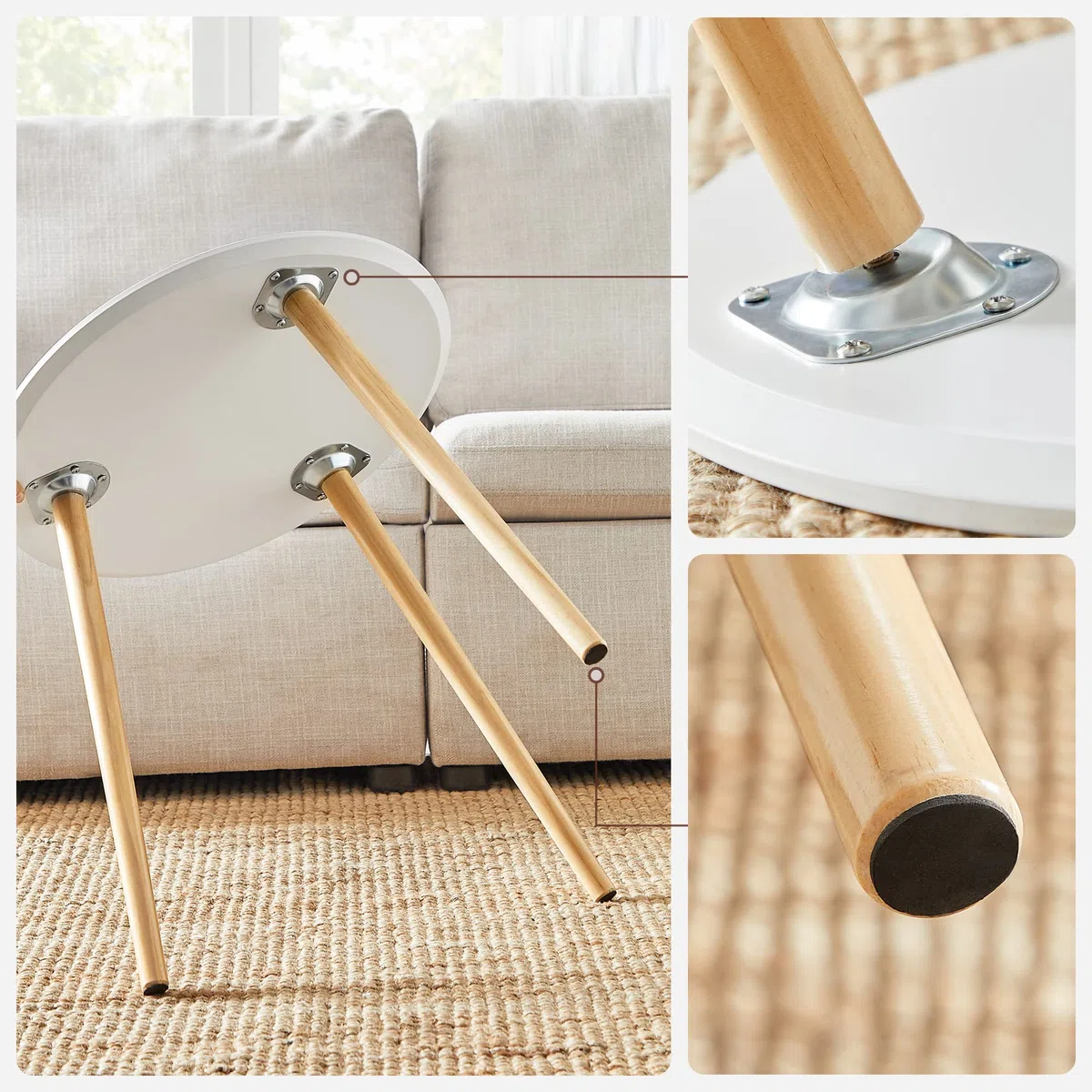 SONGMICS Tavolino Rotondo, Tavolino Moderno Minimalista, Set di 2 Tavolini da Caffè con Gambe in Legno di Pino, Stile Scandinavo, per Soggiorno Salotto Balcone, Bianco e Naturale LET07WN