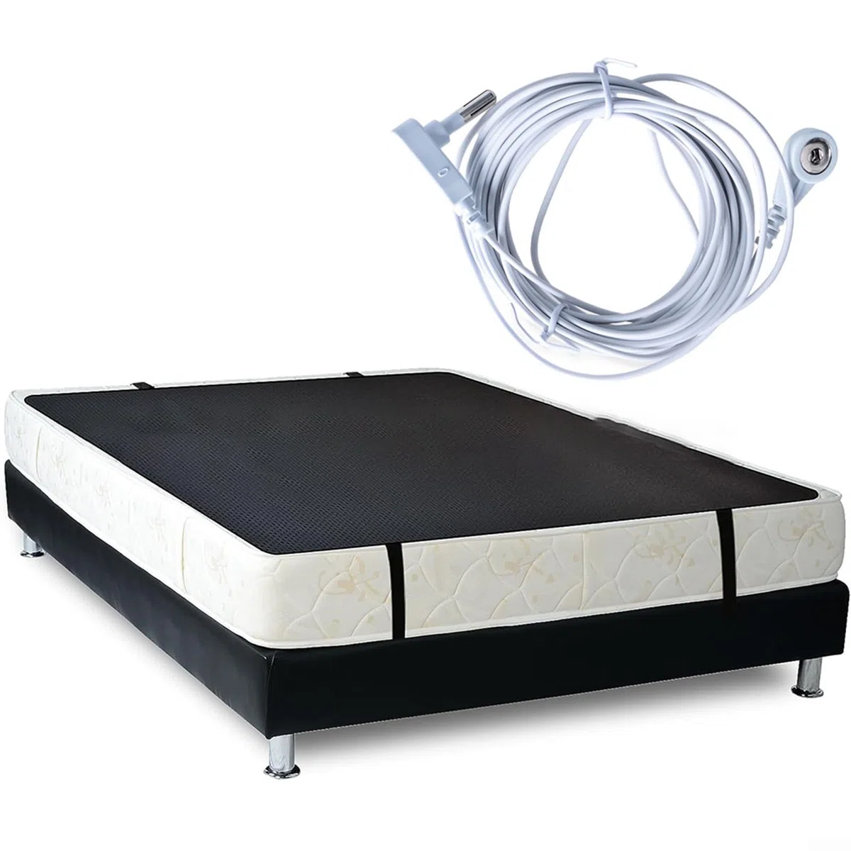 Telo di messa a terra per letto, per telo di messa a terra con rivestimento conduttivo in pelle poliuretanica, 68 x 180 cm, nero, include cavo di messa a terra da 4,5 m
