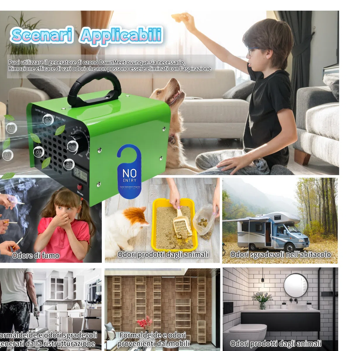 Generatore di Ozono 40000mg/h DawnMeet, Ozonizzatore con Termoigrometro, 300㎡ Ozonizzatore per Casa e Auto per Odori di Animali Domestici Cucina Hotel Uffici Garage Agricola Timer da 120 Min Verde