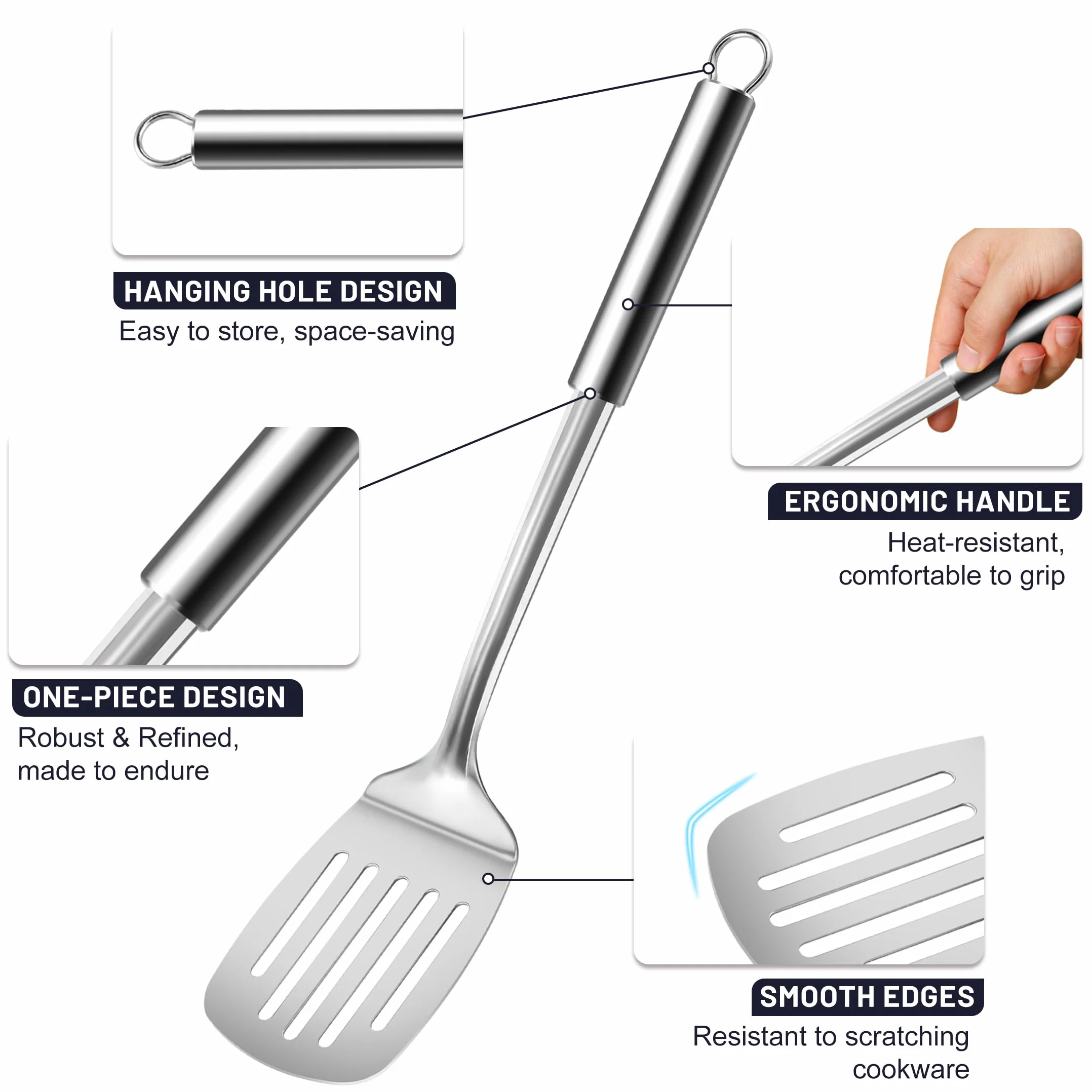 Bestdin Set di Set Utensili Cucina – 12 Pezzi di Utensili da Cucina in Acciaio Inossidabile, Resistenti al Calore, con Ganci, Contiene Accessori da Cucina come Mestoli Cucina, Spatola