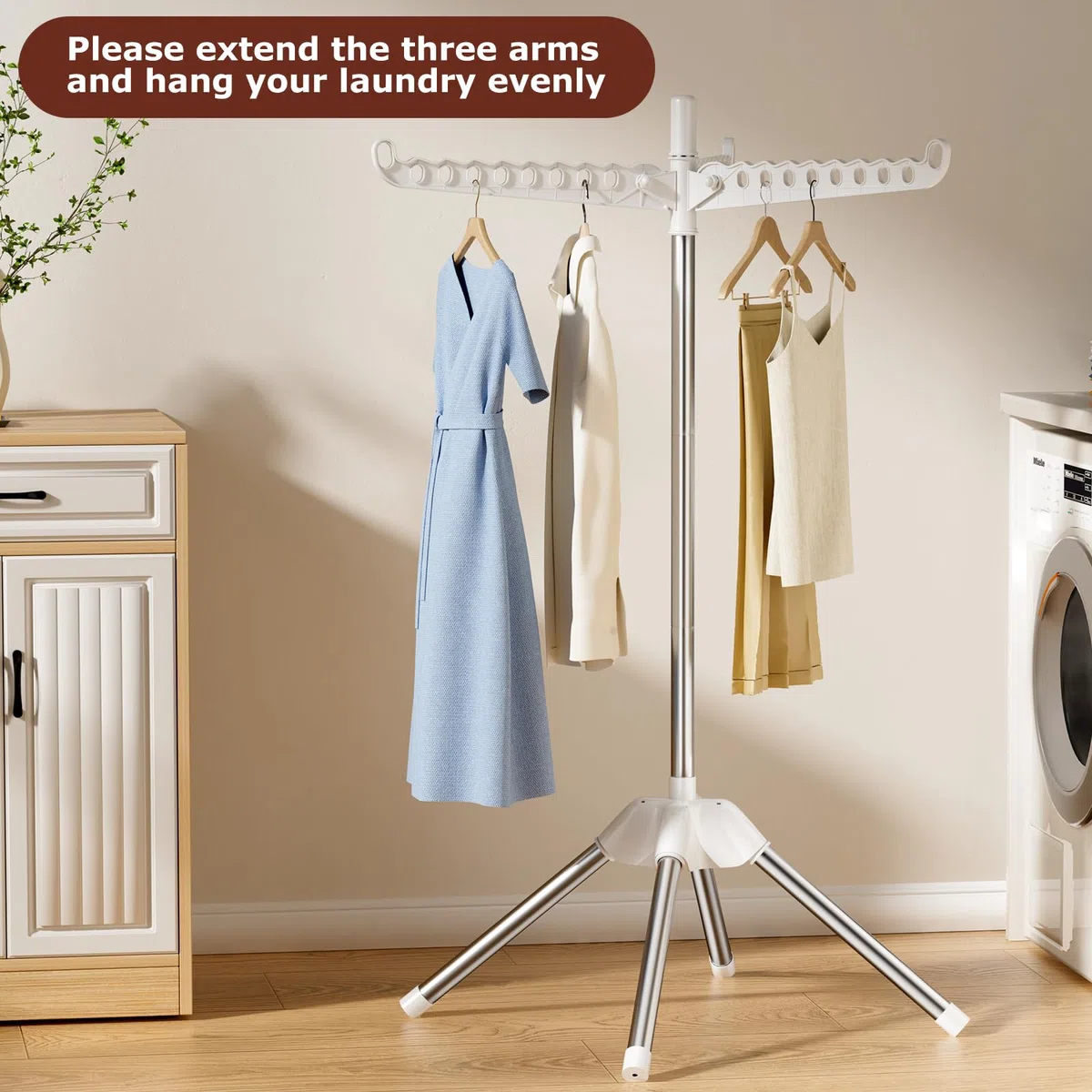 Abiglifty Stendibiancheria con 3 bracci girevoli, per interni, pieghevole, portabiancheria autoportante, altezza 154 cm, bianco