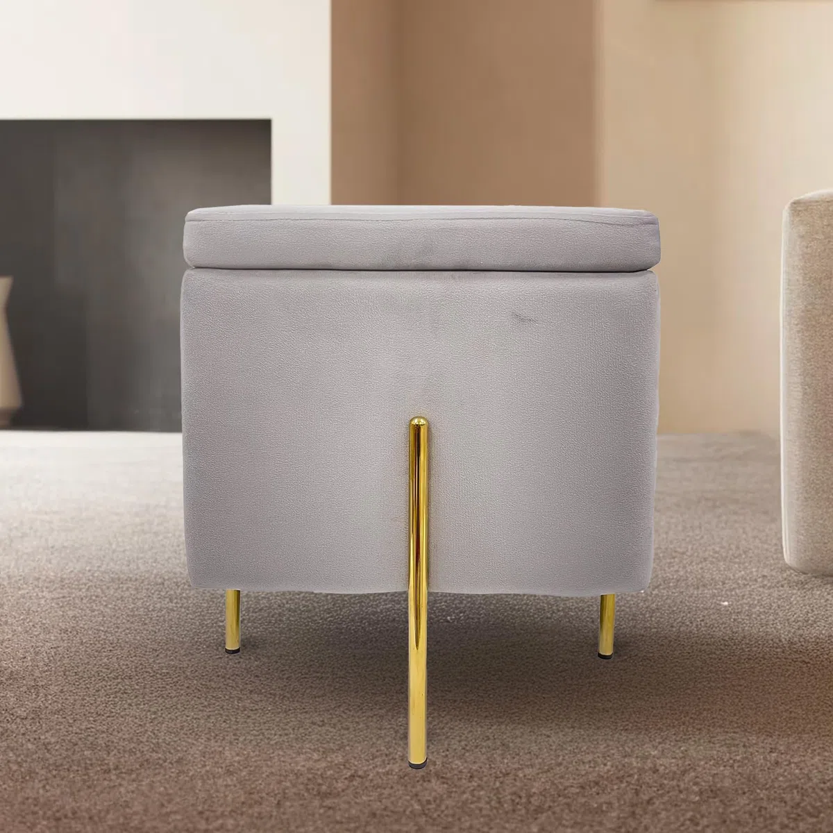 IlGruppone Pouf Contenitore in Velluto con Gambe in Metallo Oro – Poggiapiedi Moderno ed Elegante per Soggiorno, Camera e Ingresso - Grigio