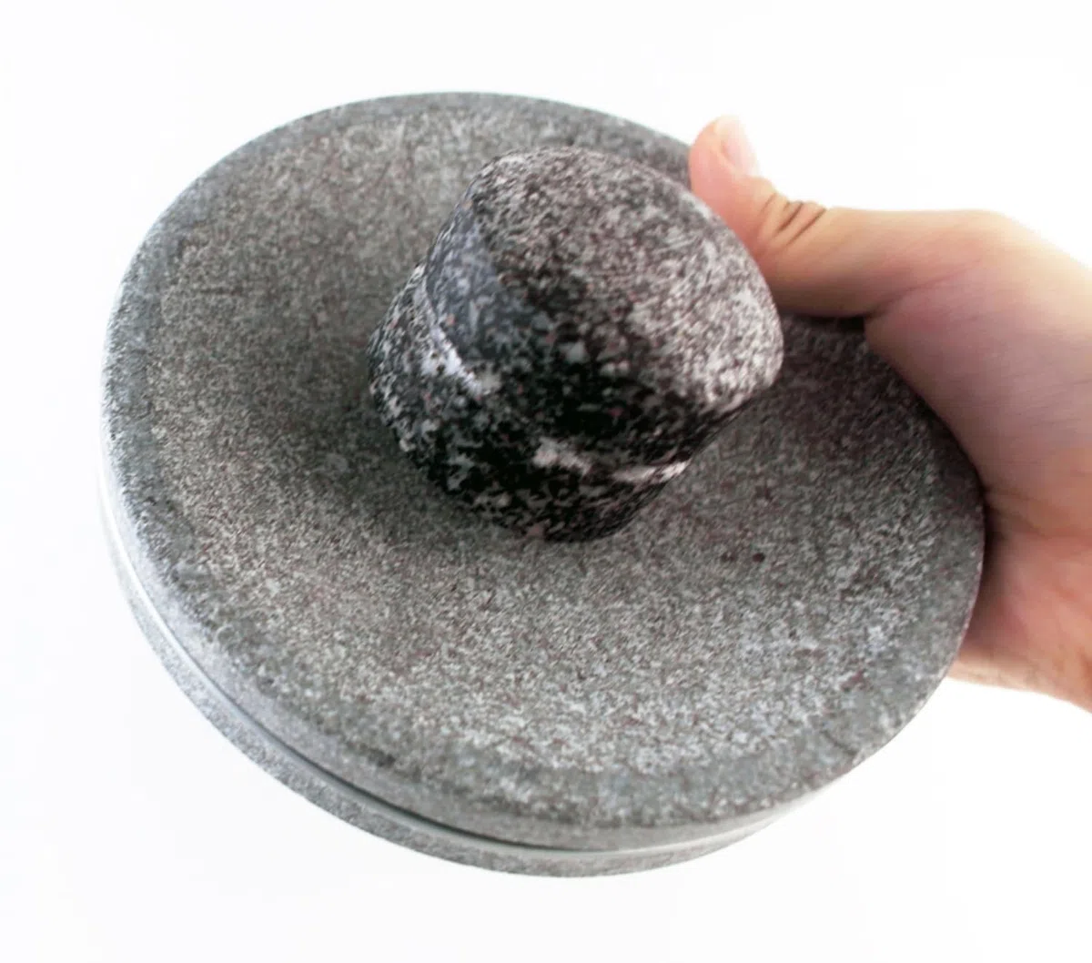 Set con mortaio e pestello in granito di piccole dimensioni, 15 cm/6 pollici, con piastra in pietra per spezie e sale, ideale per campeggio e uso primitivo