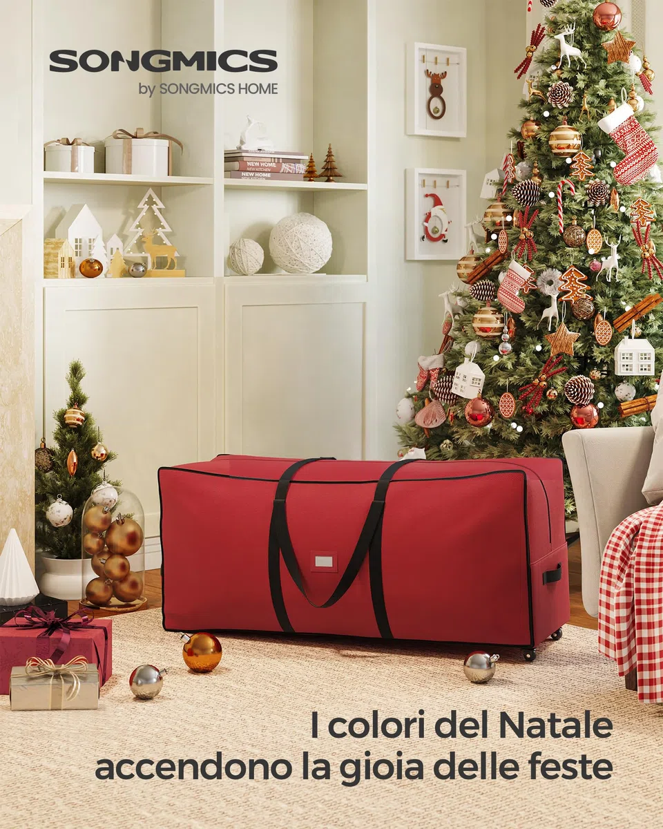 SONGMICS Borsa per Albero di Natale con Ruote da 4 cm, Custodia per Albero fino a 229 cm, per Albero Smontabile, Maniglie Regolabili, Tessuto Oxford 600D, Rosso Ciliegia RXS004R03