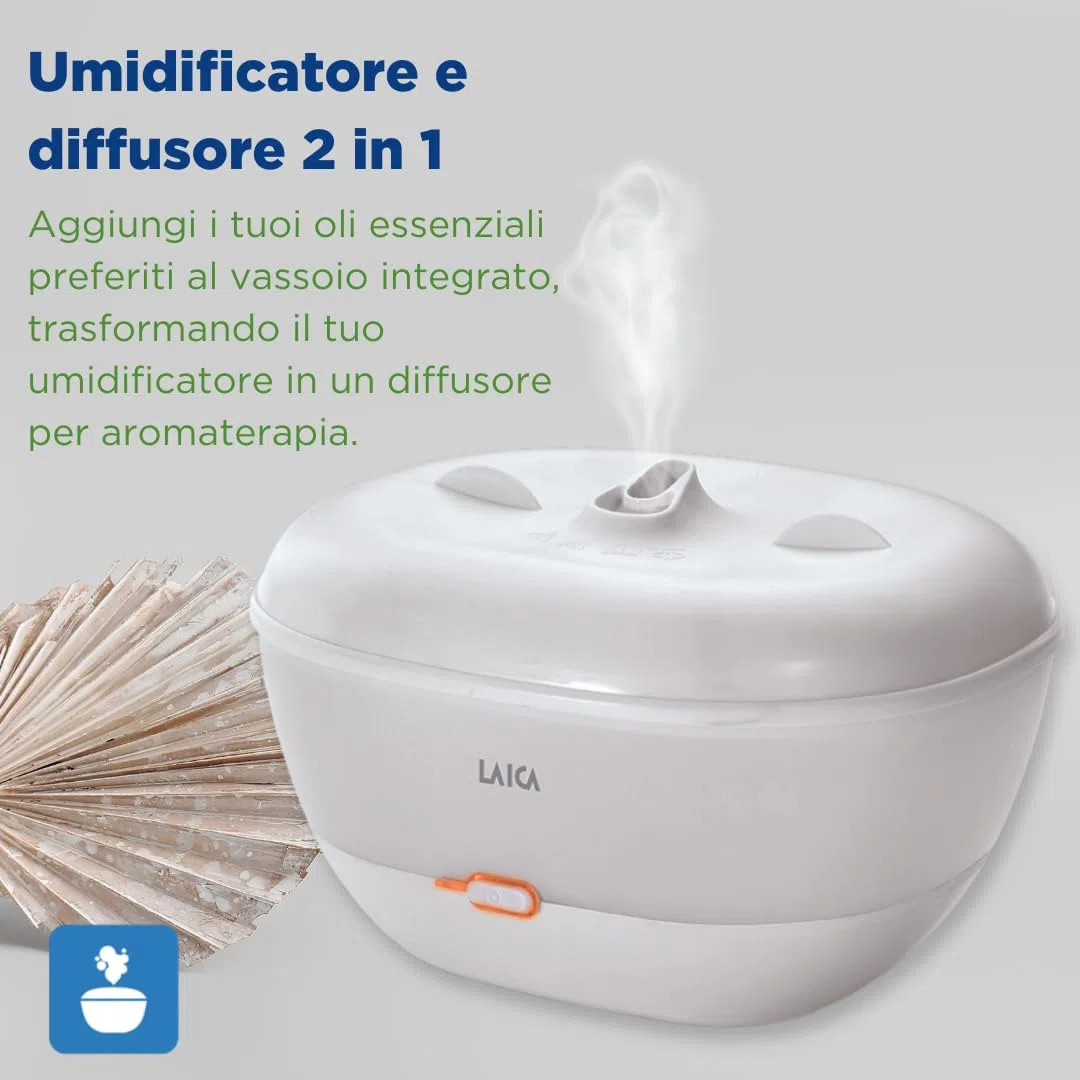 Umidificatore a Caldo LAICA, Serbatoio di 1,8 L per stanze, Piante, Vapore Privo di batteri, ultrasilenzioso, 3 velocità, off Auto, Funzione “Warm”, riempimento Facile, Oli aromatici