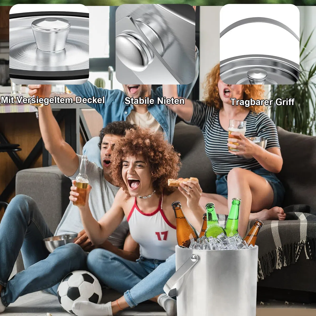 Secchiello Ghiaccio, secchiello per Ghiaccio Rotondo con Pinze per ghiaccio, Contenitore per Cubetti di Ghiaccio da 3 Litri, Secchiello per Ghiaccio in Acciaio Inox con Paletta, per Raffreddare Birra