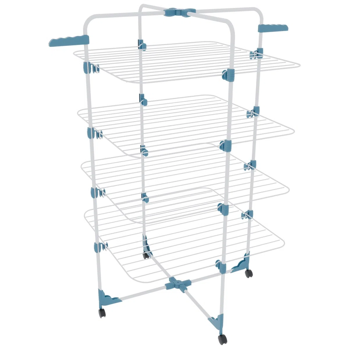 Bricozone Stendibiancheria Verticale con Rotelle Salvaspazio e Pieghevole in Acciaio con 4 Ripiani e 2 Supporti per Grucce per Stendere Biancheria Lenzuola e Abiti Misure 168,5x71x71cm (Bianco e Blu)