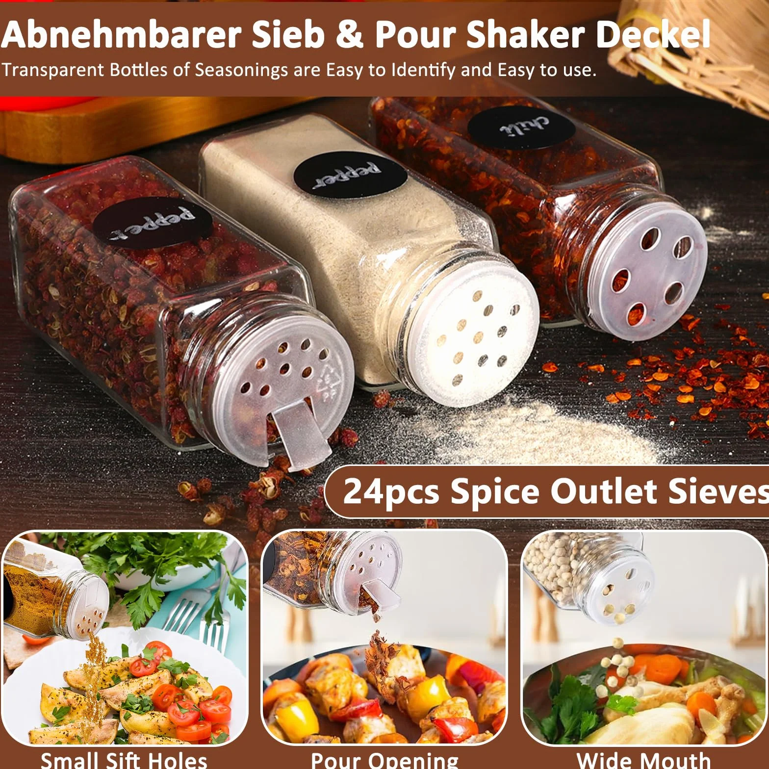 MOYKSRR Barattoli Spezie, 24pcs 120ml Barattoli Portaspezie Quadrato con Coperchi in Legna, Vasetti Portaspezie Vetro, Contenitori Spezie per Cucina con Setaccio,Etichette,Spazzola, Lmbuto