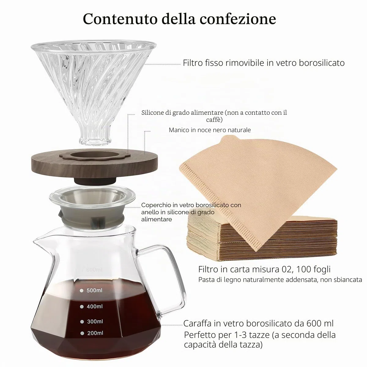 Lalord Caffettiera Pour Over, Caraffa in Vetro Borosilicato da 600 ml con 02 Carta Filtro, 100 pcs, Manico in Noce e Coperchio per Caffettiera