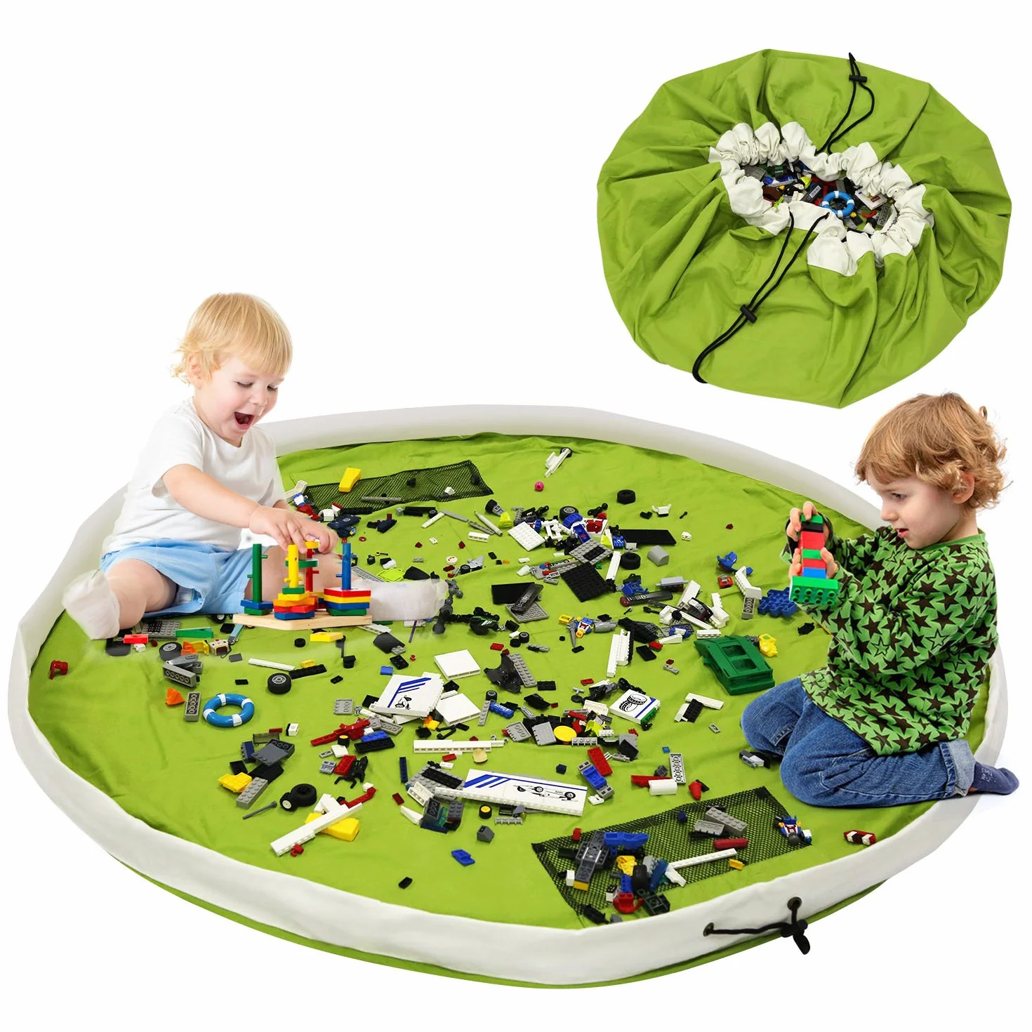 Borsa Per Giocattoli, BELLESTYLE Tela di cotone 150CM Tappetino da gioco per bambini Organizzatore di giocattoli Borsa rapida per Memorizzazione di giocattoli di piccole e medie dimensioni - Verde
