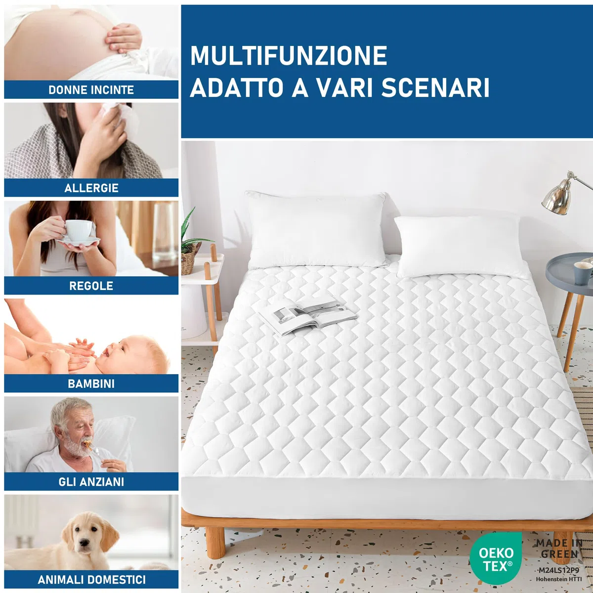 GRT Coprimaterasso matrimoniale impermeabile 180 x 200 cm – Coprimaterasso traspirante, lavabile e Oeko-Tex, con inserto per incontinenza, cucito con motivo a esagoni in materiale silenzioso