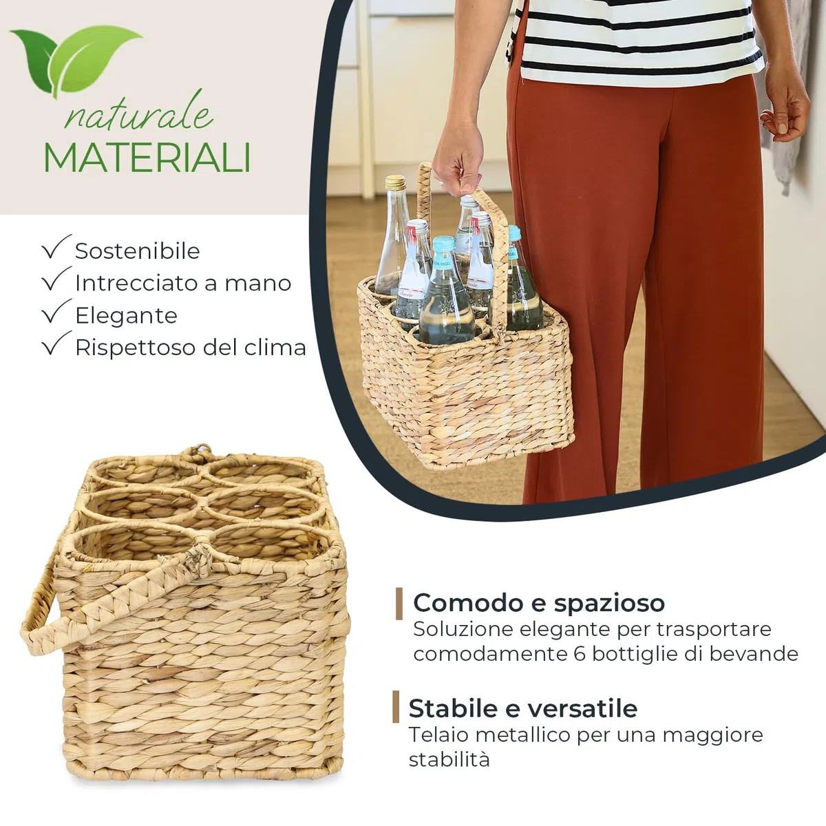 HMF Borsa Porta Bottiglie Acqua, Portabottiglie intrecciato en giacinto d'acqua con 6 Scomparti per Bottiglie da 1.5L | 32 x 22 x 18 cm