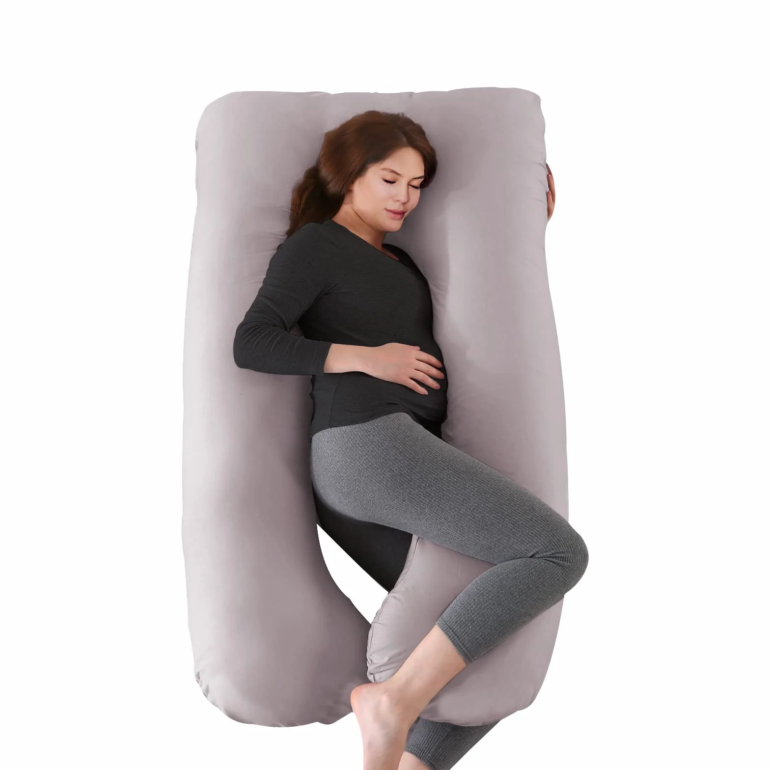 Cuscino Gravidanza,Cuscino Allattamento e Gravidanza per Dormire a Forma di U,Cuscino per il Corpo Laterale con Federa in Cotone 100% Sfoderabile e Lavabile,145x70cm(Grigio chiaro)