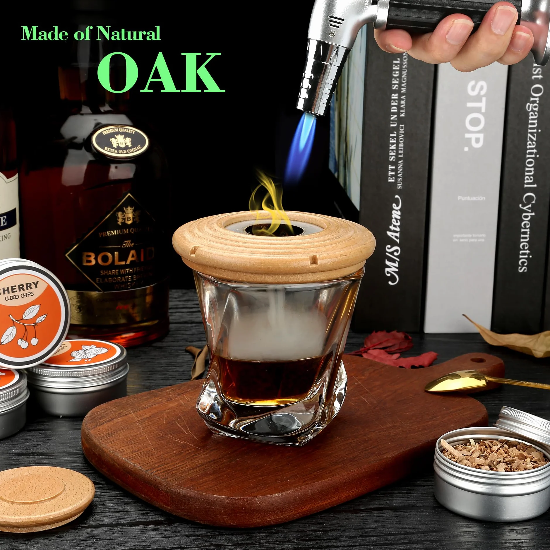 Kit per affumicatore per cocktail con torcia, set per fumatori con 4 trucioli di legno, regalo per la festa del papà, kit per bevande per fumatori whisky, accessori per bevande, bourbon - Walnut
