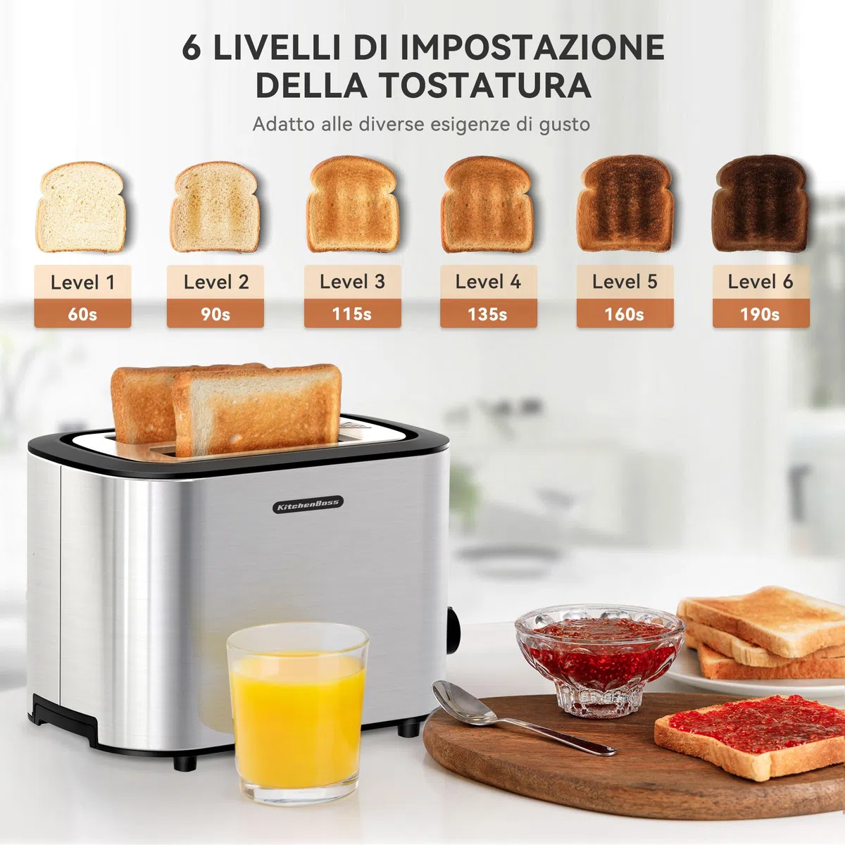 KitchenBoss Tostapane in Acciaio Inox：Tostapane per 2 fette con Pinze, 6 Livelli di Tostatura, con Cassetto Raccoglibriciole e Griglia per il Pane, Funzione di Spegnimento Auto e Sbrinamento, 870 W
