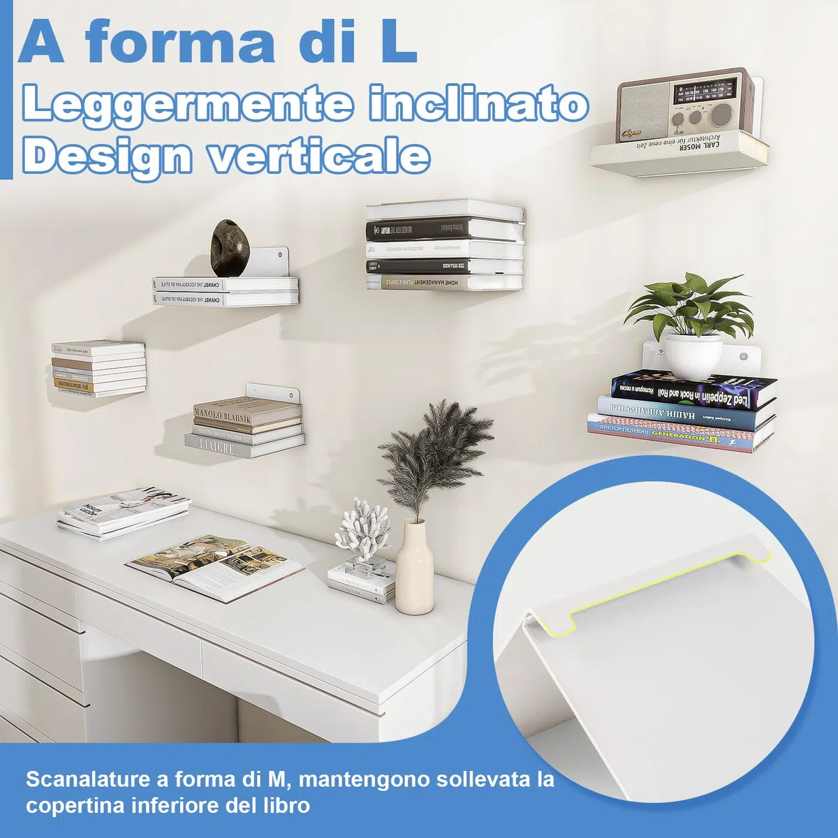 FENTEC Mensole da Muro per Libri, Libreria a Muro Sospesa, Libreria Invisibile a Parete, Libreria in Metallo Nascosta per la decorazione della camera da letto e dell'ufficio, 4 Pezzi(Bianco)