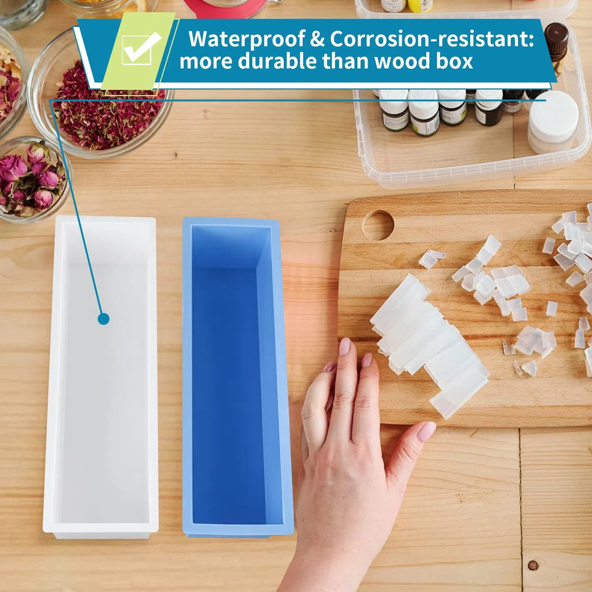 Skelang 2 stampi per sapone con scatola di plastica, stampo rettangolare in silicone da 1450 ml, strumento per fare vortice per sapone fai da te, candele, stampaggio in resina, dessert (blu)